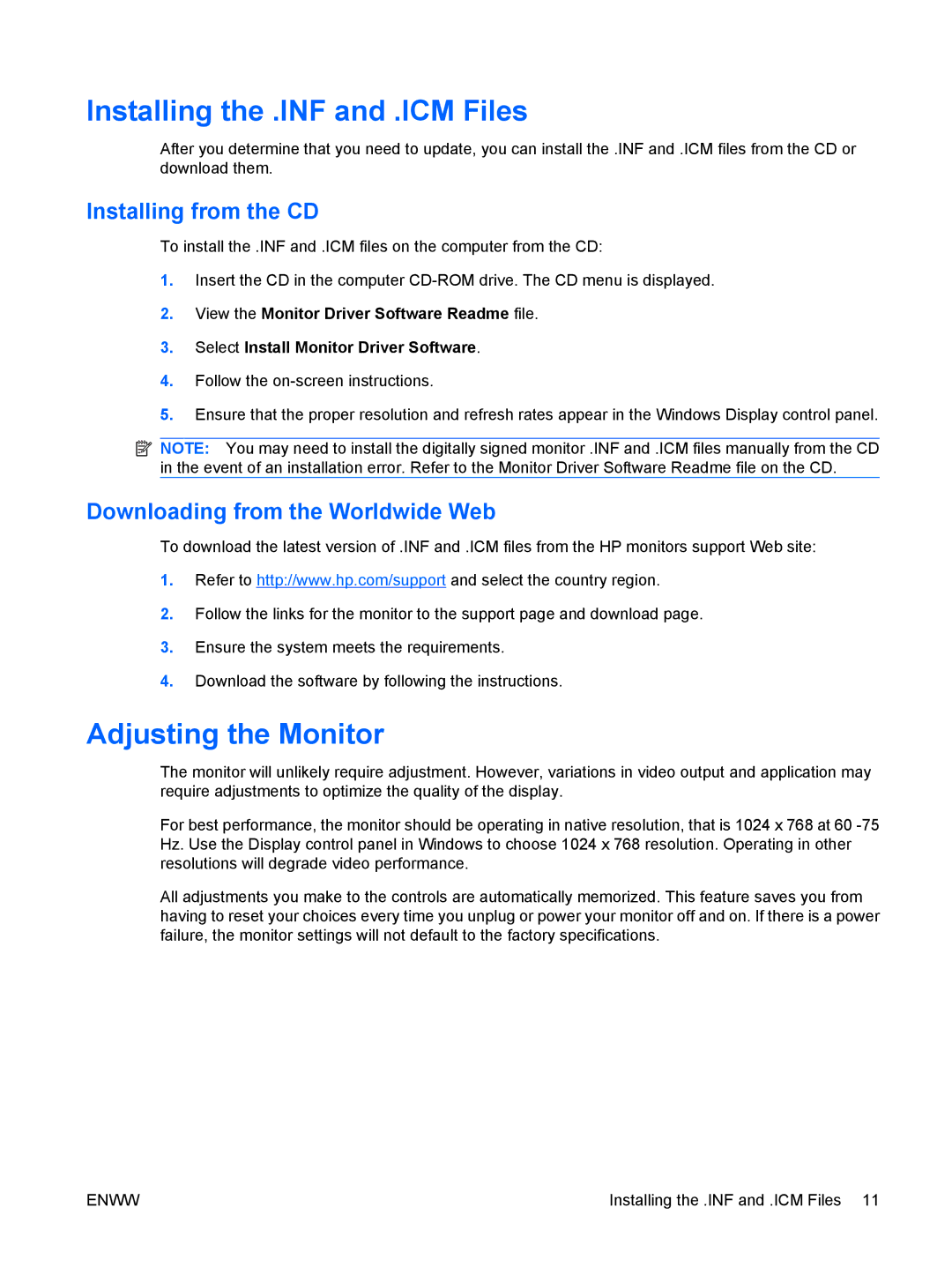 HP L5009TM, L5006TM manual Installing the .INF and .ICM Files, Adjusting the Monitor, Installing from the CD 