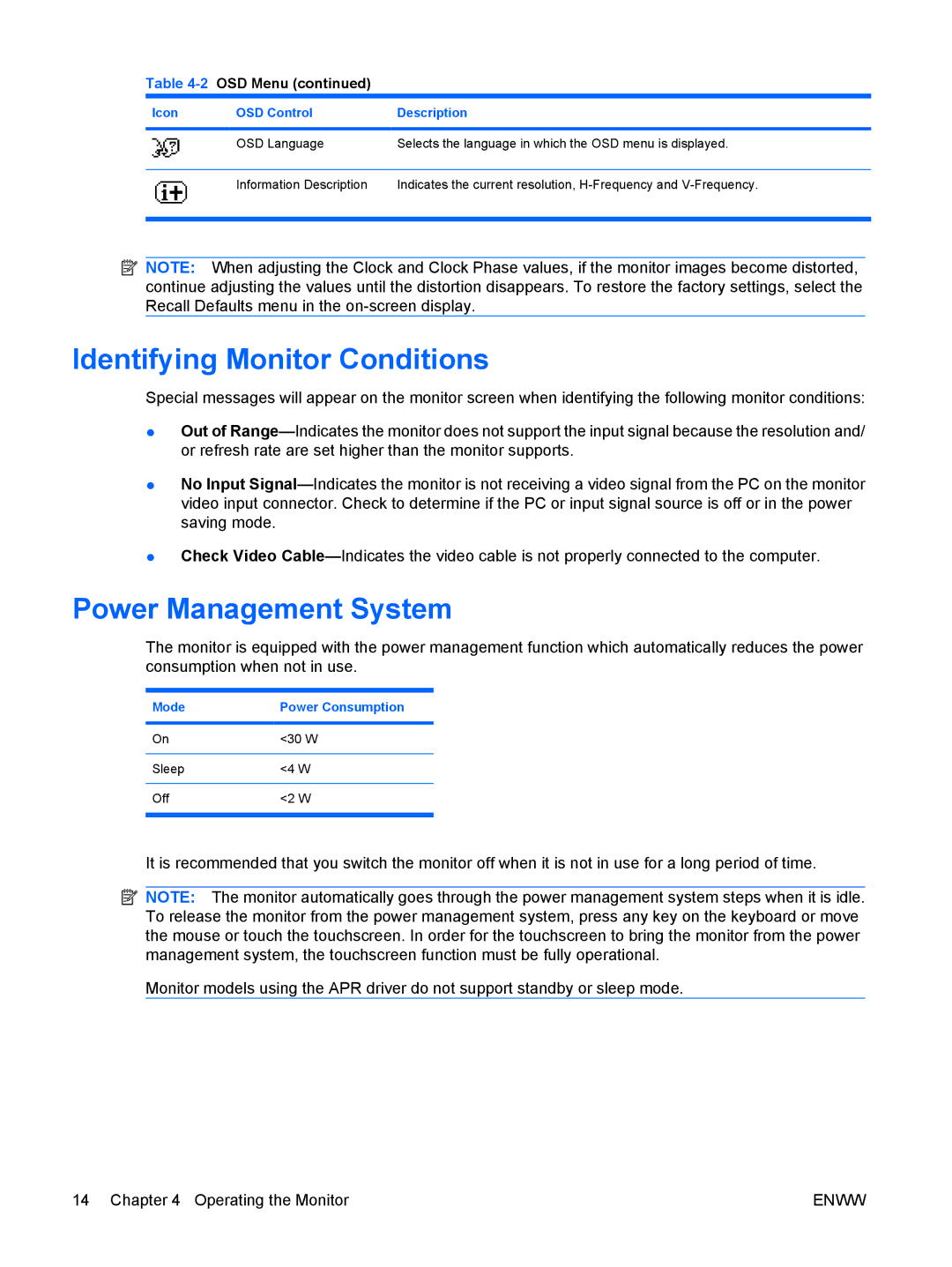 HP L5006TM, L5009TM manual Identifying Monitor Conditions, Power Management System, 2OSD Menu 