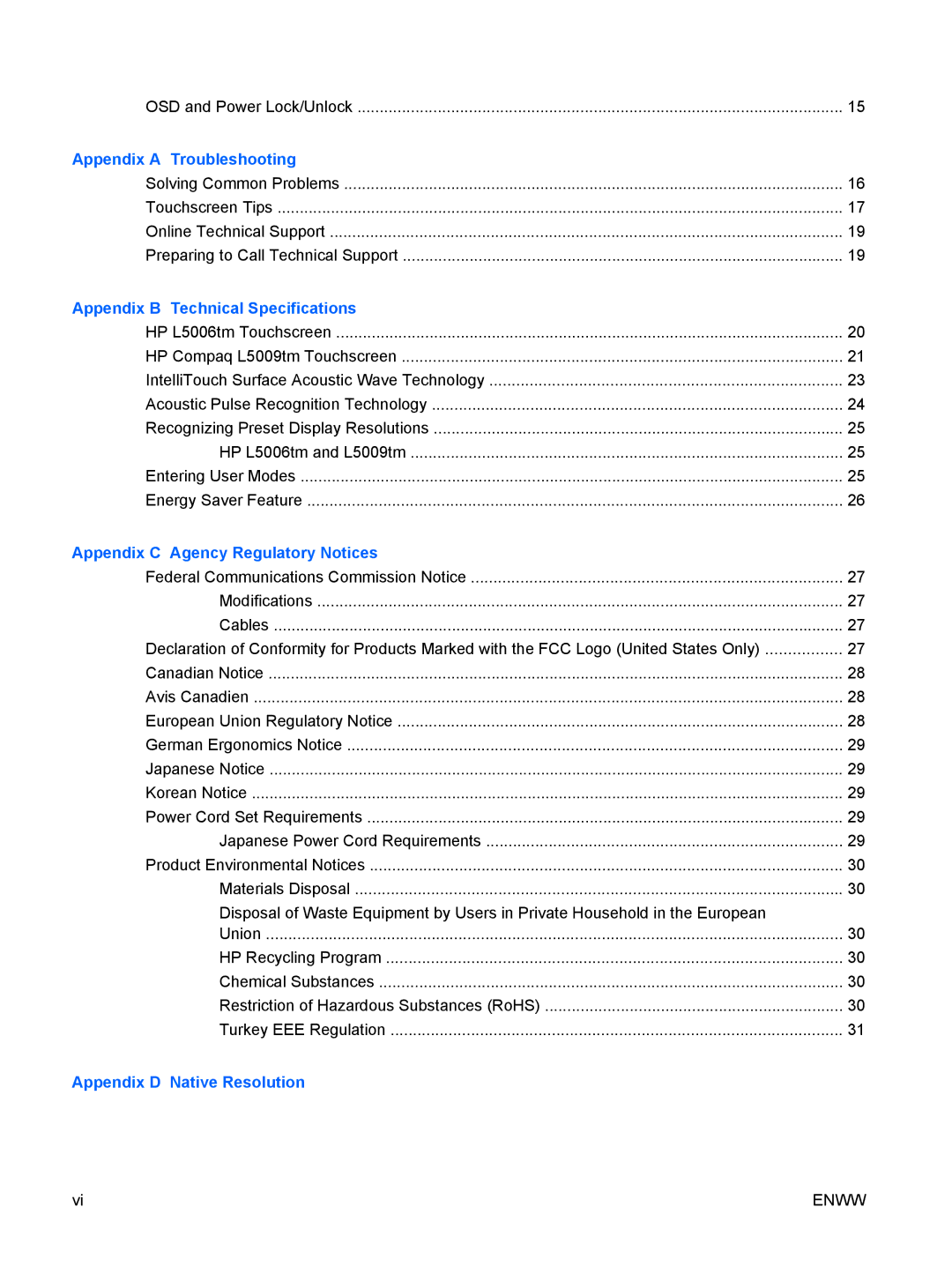 HP L5006TM, L5009TM manual Appendix D Native Resolution 