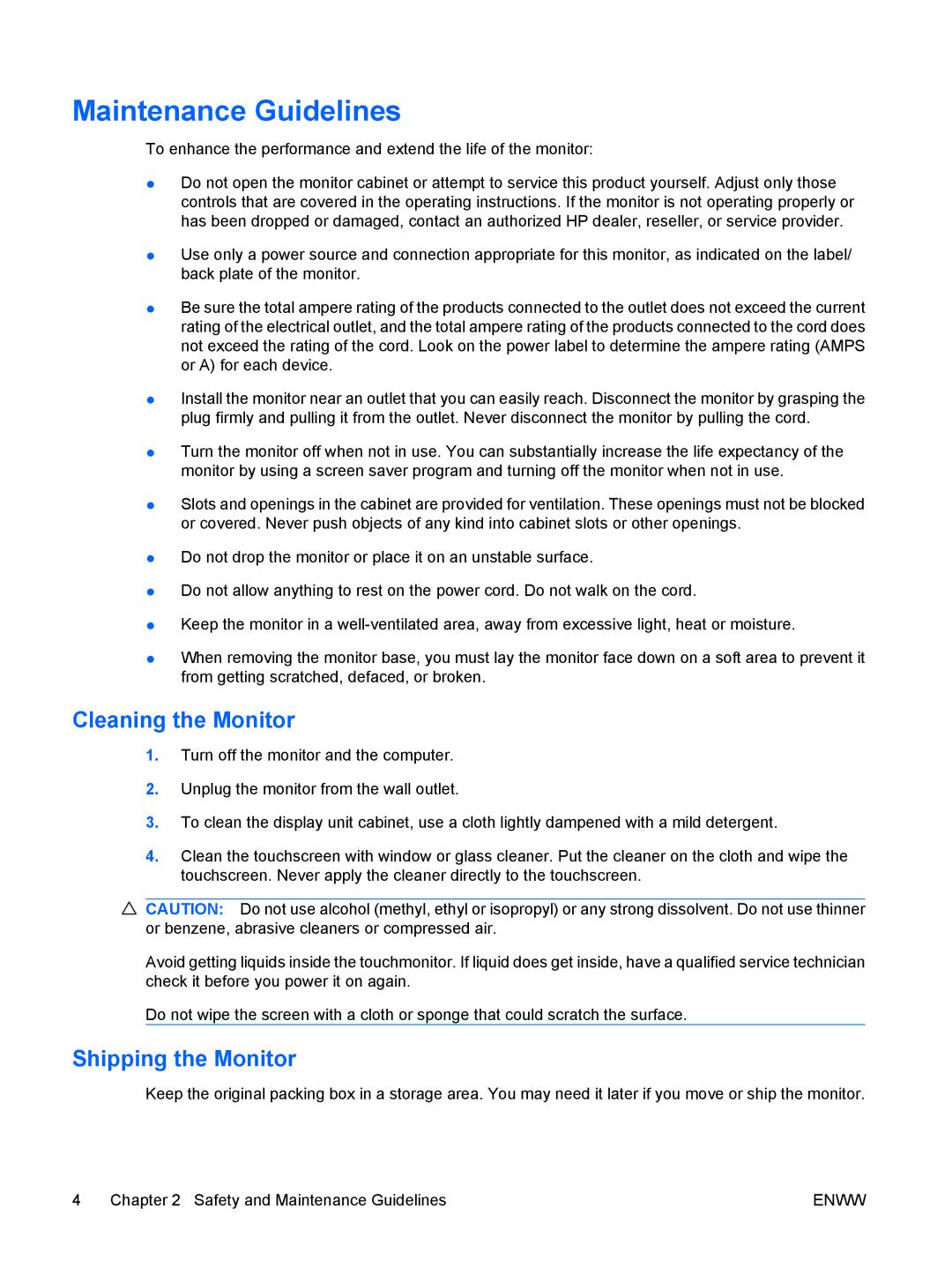 HP L5006tm Touchscreen manual Maintenance Guidelines, Cleaning the Monitor, Shipping the Monitor 