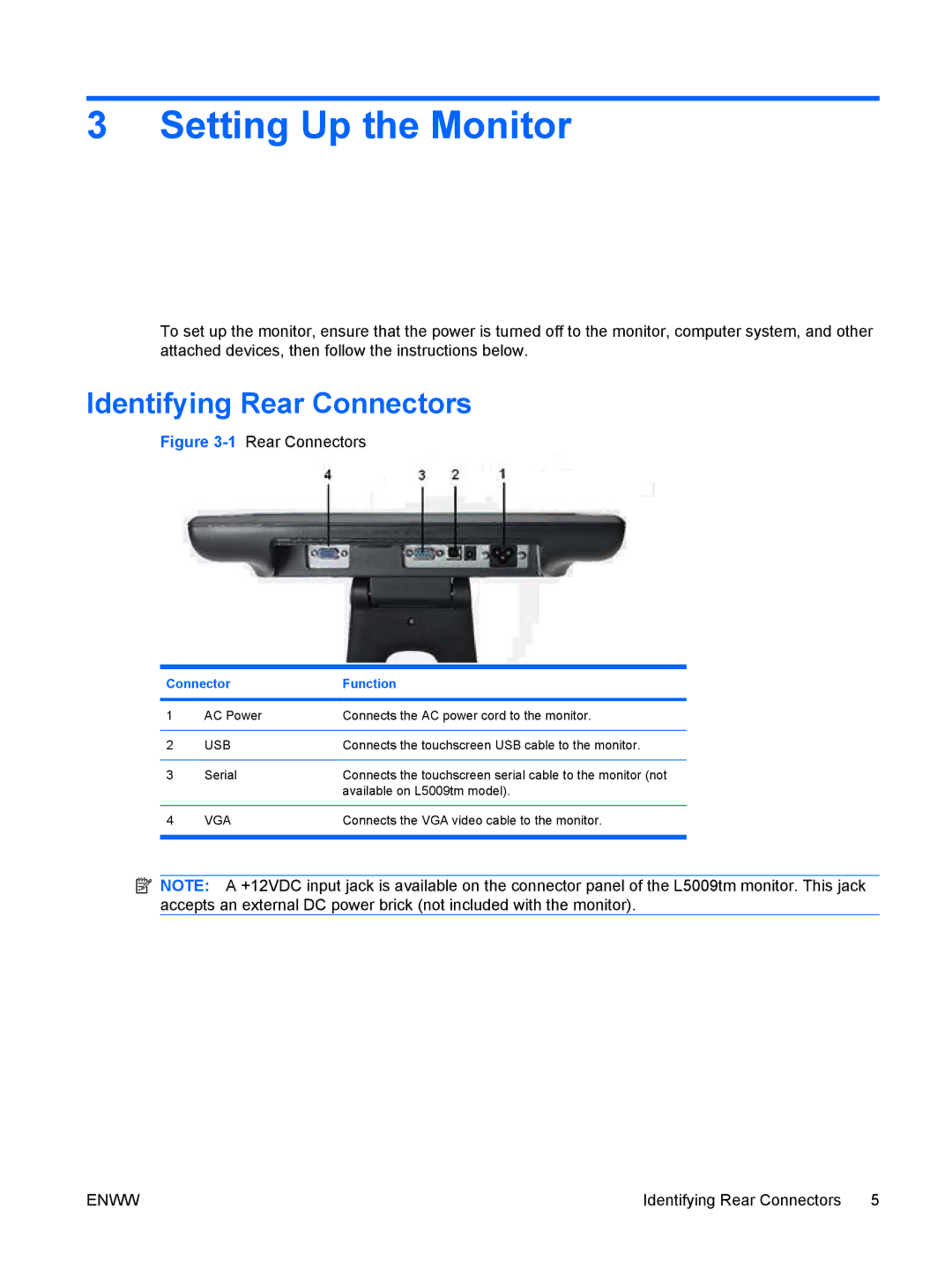 HP L5006tm Touchscreen manual Setting Up the Monitor, Identifying Rear Connectors 