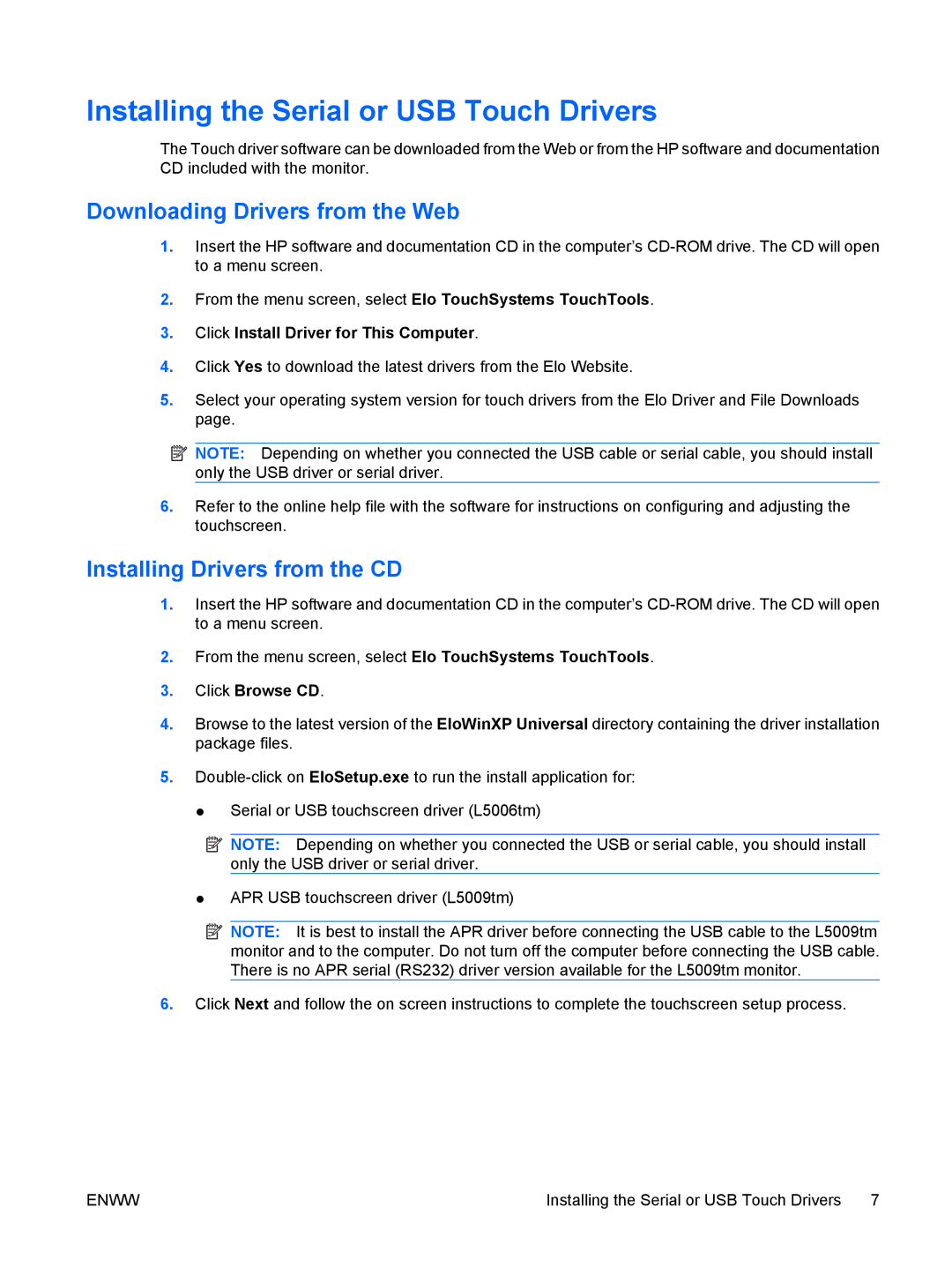 HP L5006tm Touchscreen manual Installing the Serial or USB Touch Drivers, Downloading Drivers from the Web 