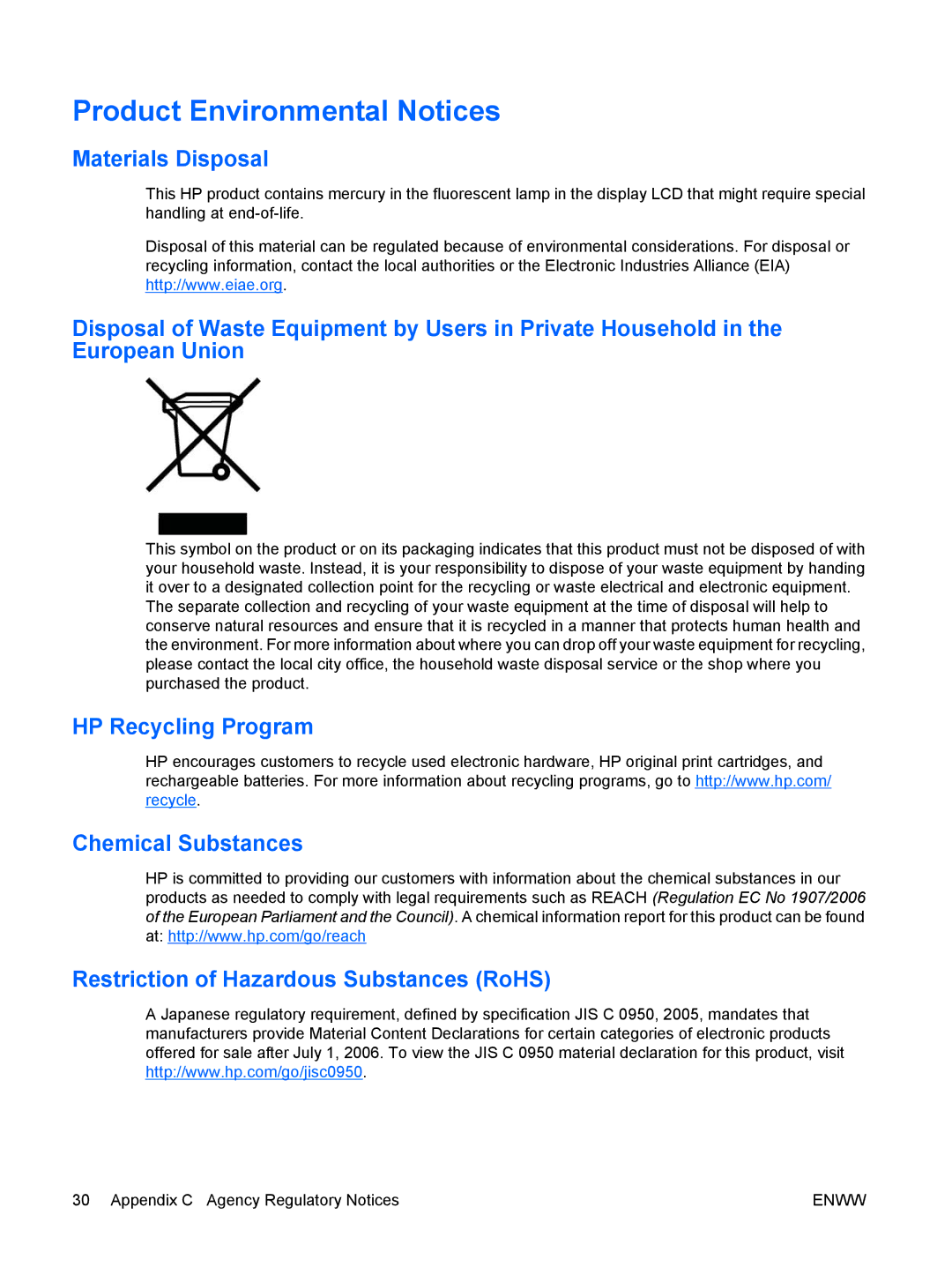 HP L5006tm Touchscreen manual Product Environmental Notices, Materials Disposal 