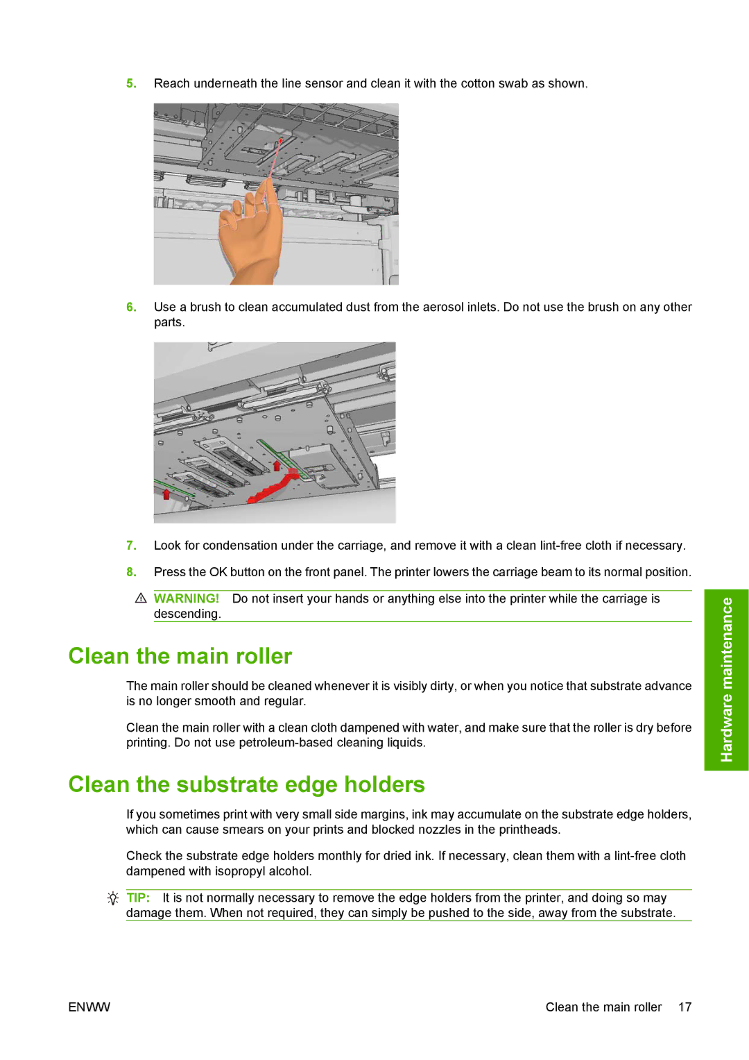 HP L65500 manual Clean the main roller, Clean the substrate edge holders 