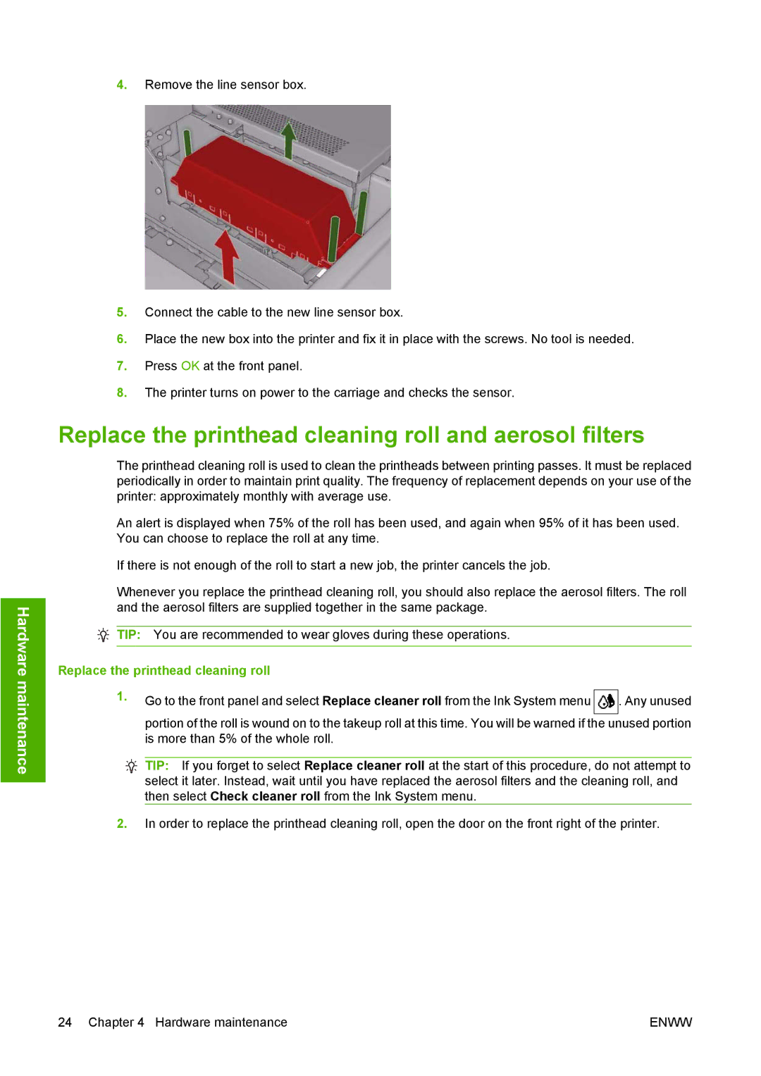 HP L65500 manual Replace the printhead cleaning roll and aerosol filters 