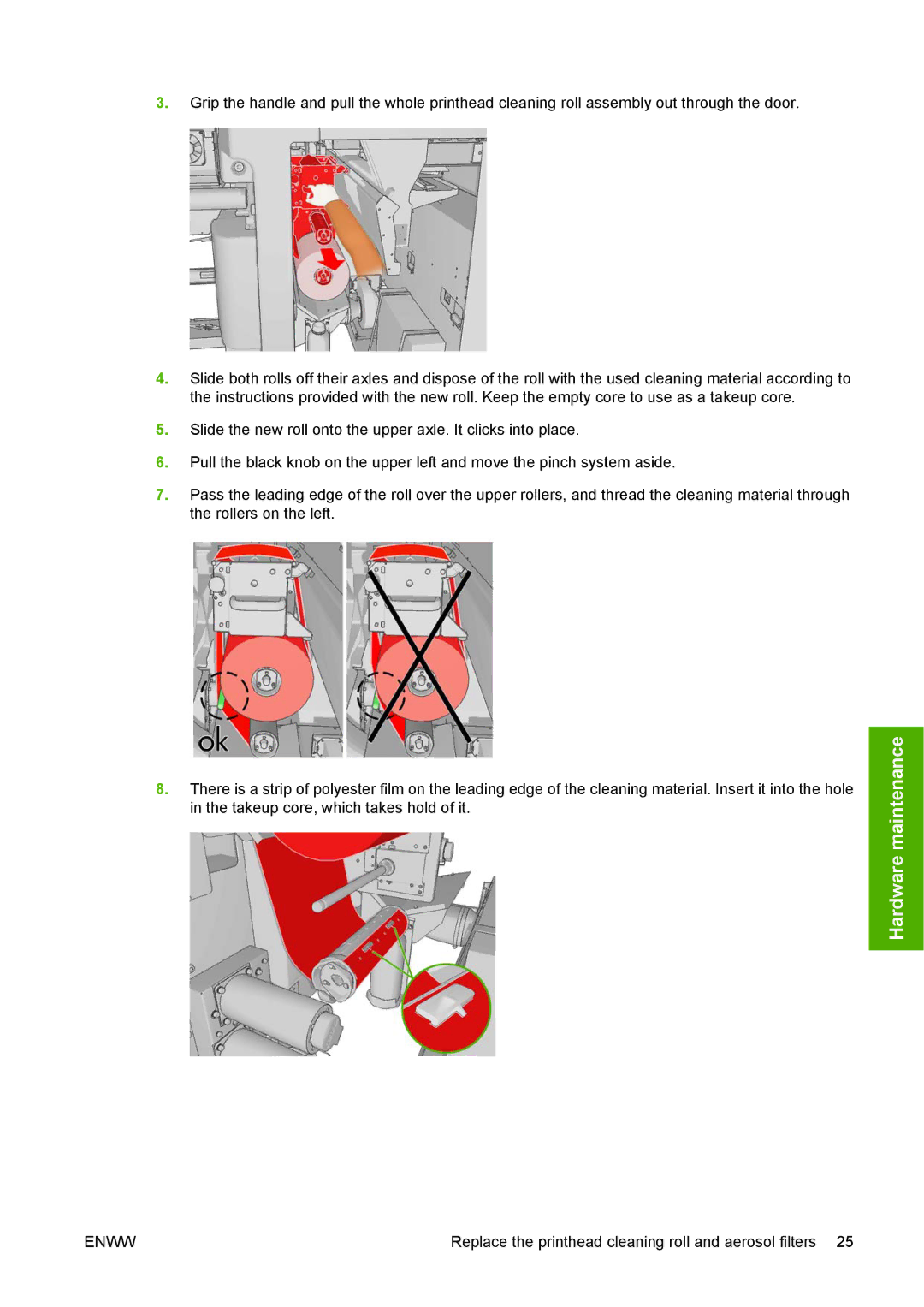 HP L65500 manual Replace the printhead cleaning roll and aerosol filters 