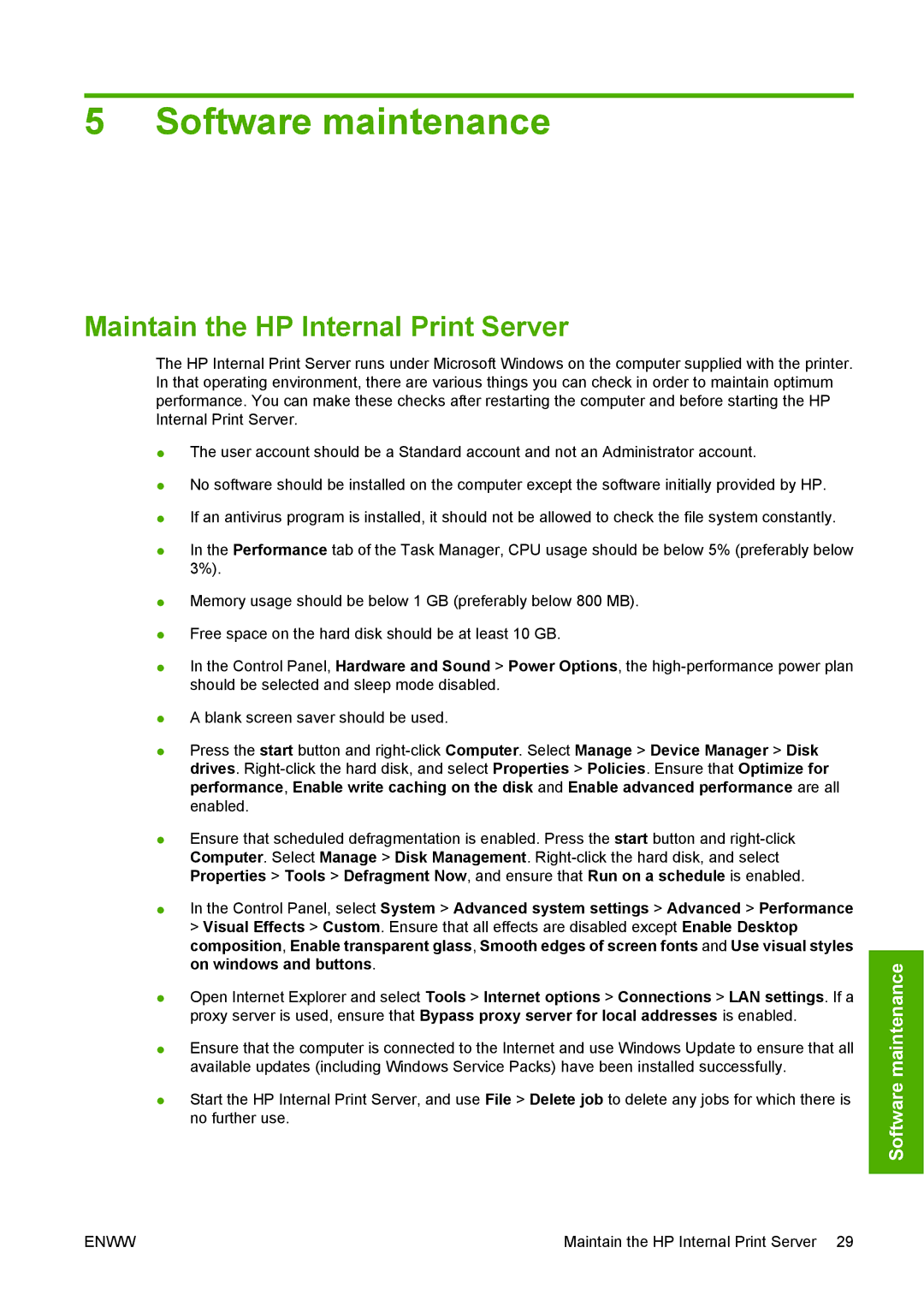 HP L65500 manual Software maintenance, Maintain the HP Internal Print Server 