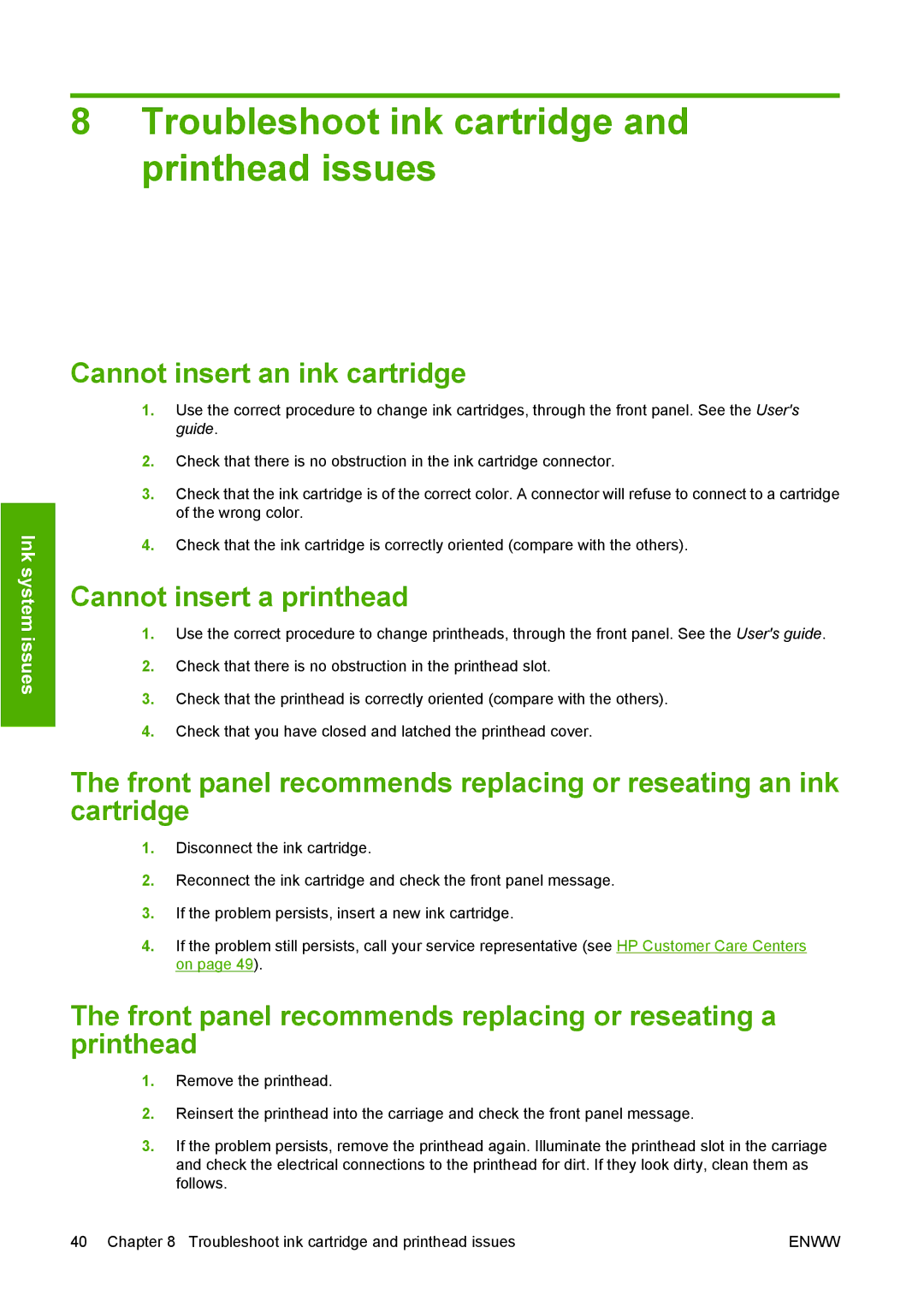 HP L65500 manual Troubleshoot ink cartridge and printhead issues, Cannot insert an ink cartridge, Cannot insert a printhead 