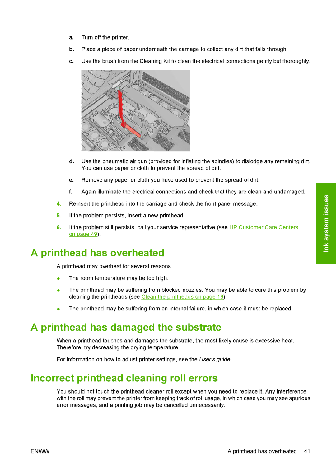 HP L65500 manual Printhead has overheated, Printhead has damaged the substrate, Incorrect printhead cleaning roll errors 