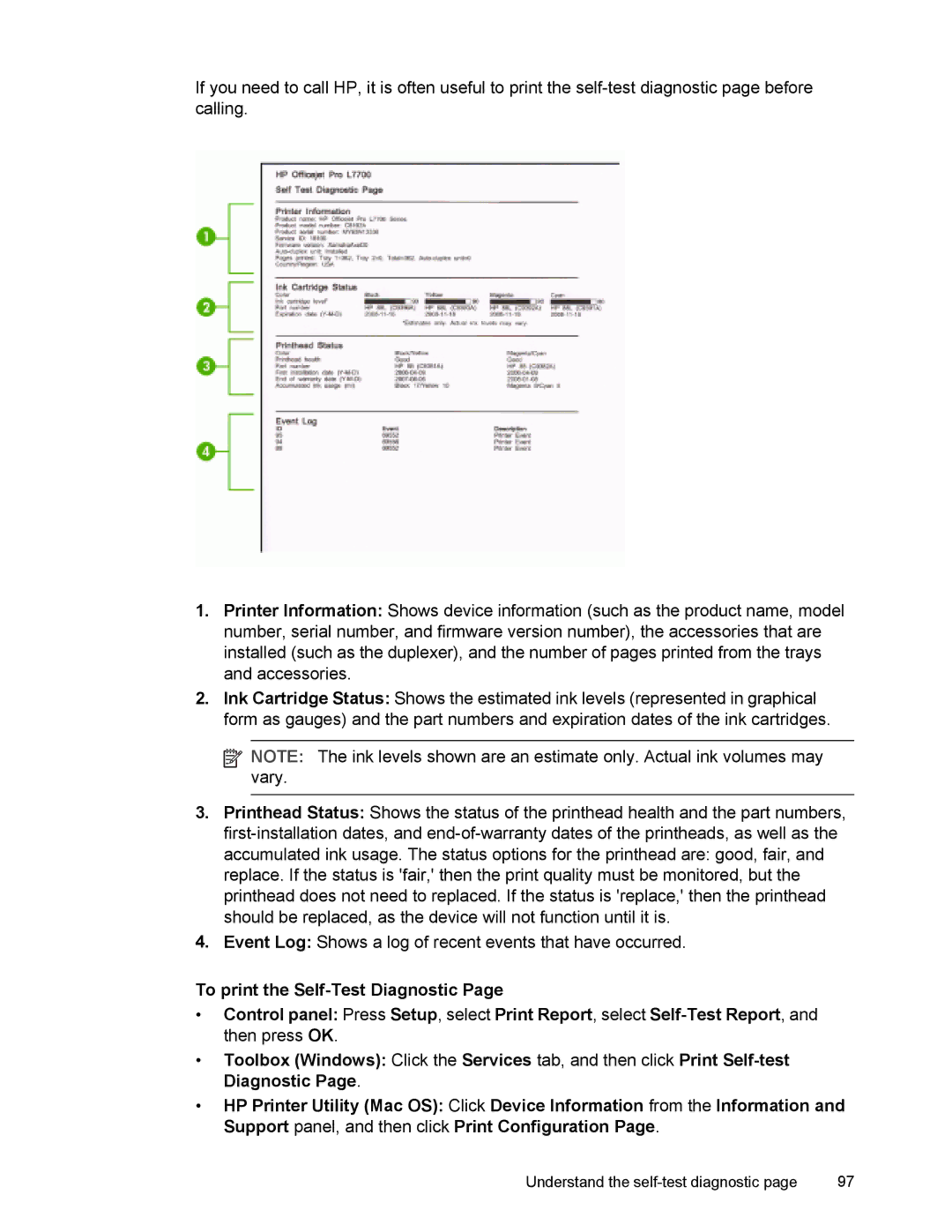 HP L7500 manual To print the Self-Test Diagnostic 