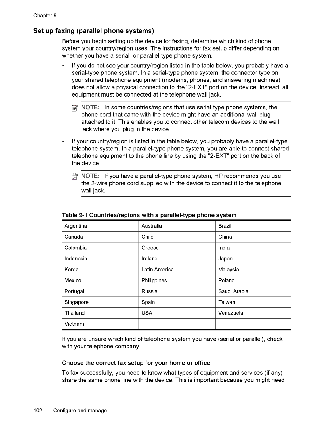 HP L7500 manual Set up faxing parallel phone systems, Countries/regions with a parallel-type phone system 