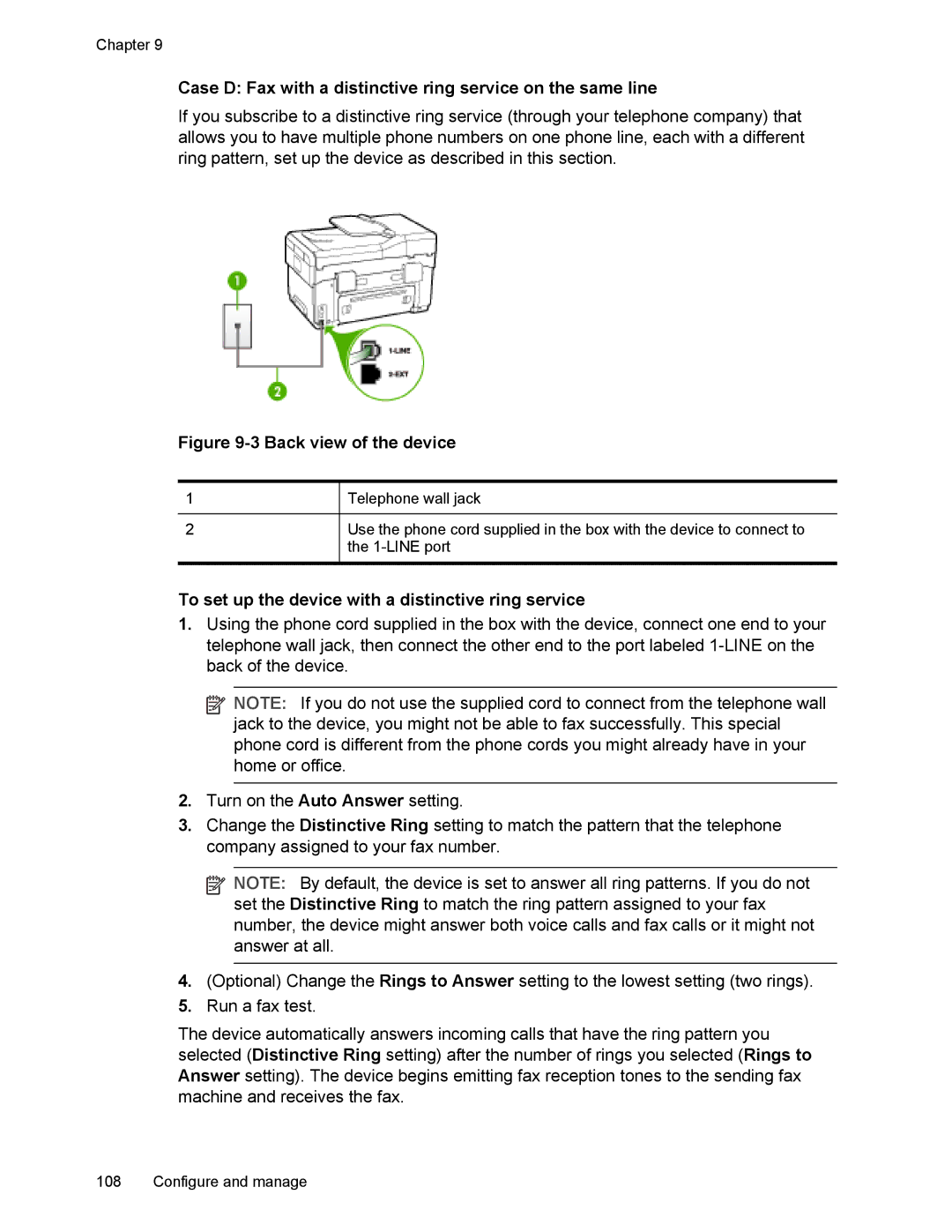 HP L7500 Case D Fax with a distinctive ring service on the same line, To set up the device with a distinctive ring service 