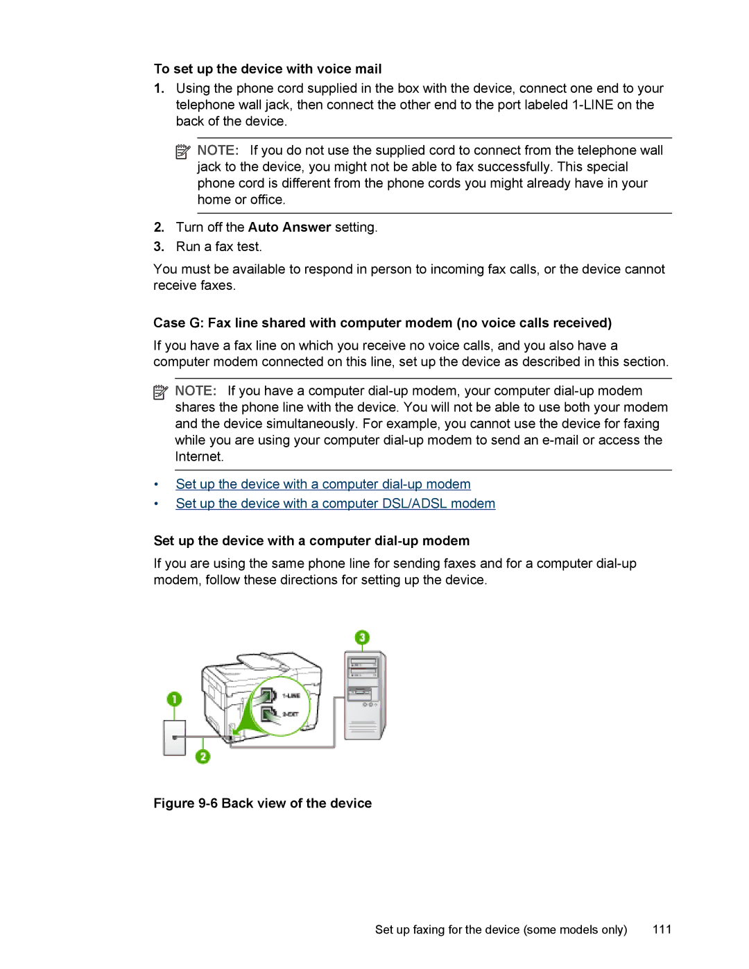 HP L7500 manual To set up the device with voice mail, Set up the device with a computer dial-up modem 