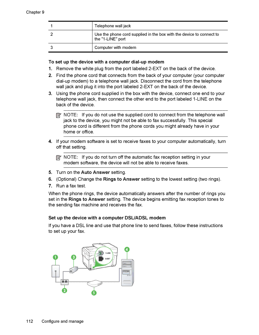 HP L7500 manual To set up the device with a computer dial-up modem, Set up the device with a computer DSL/ADSL modem 