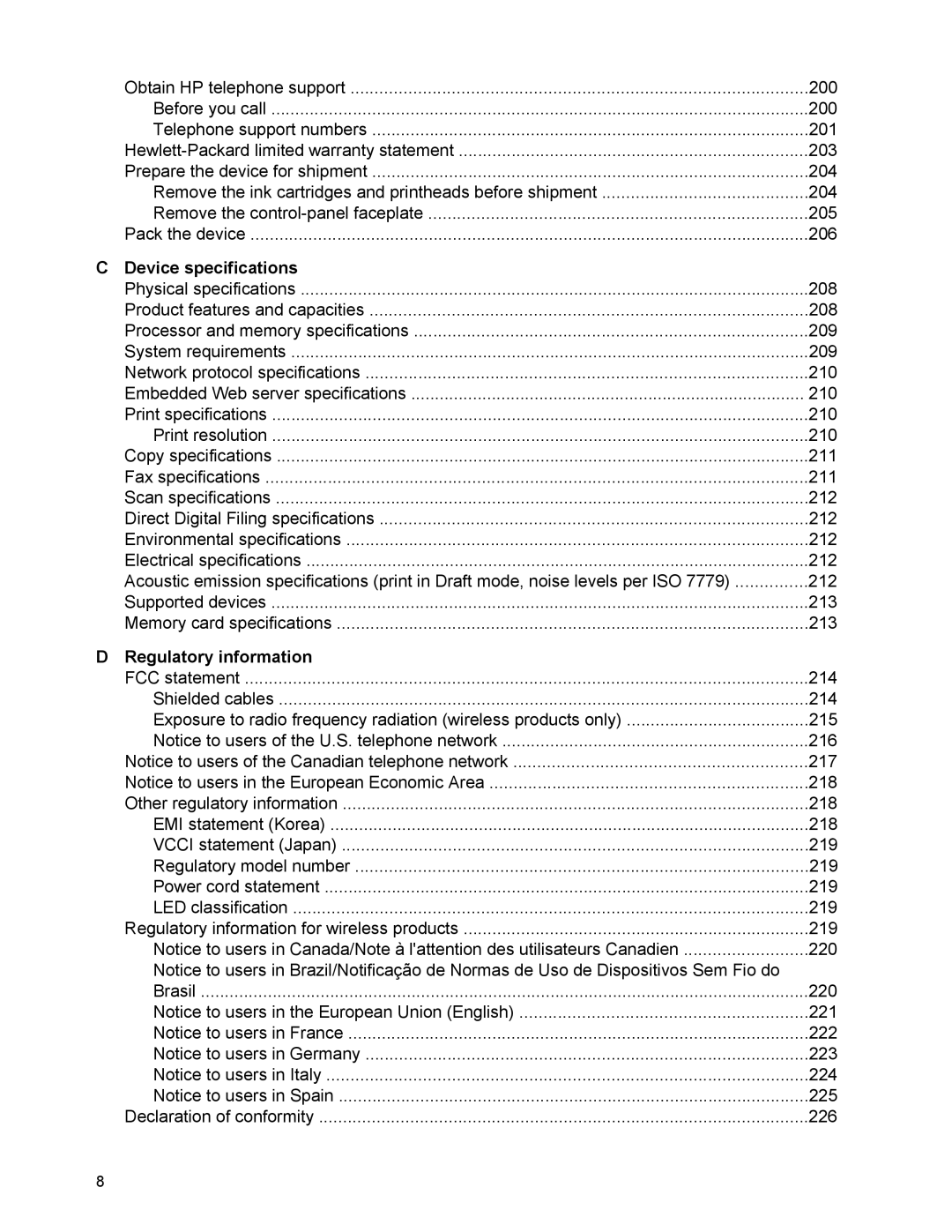 HP L7500 manual Device specifications, Regulatory information 