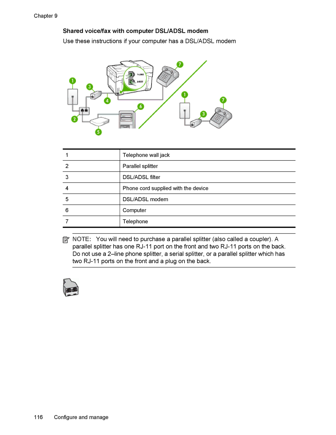 HP L7500 manual Shared voice/fax with computer DSL/ADSL modem 