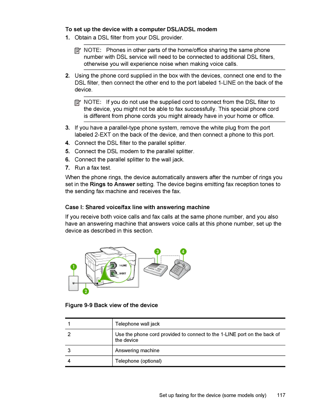 HP L7500 manual Case I Shared voice/fax line with answering machine, Back view of the device 