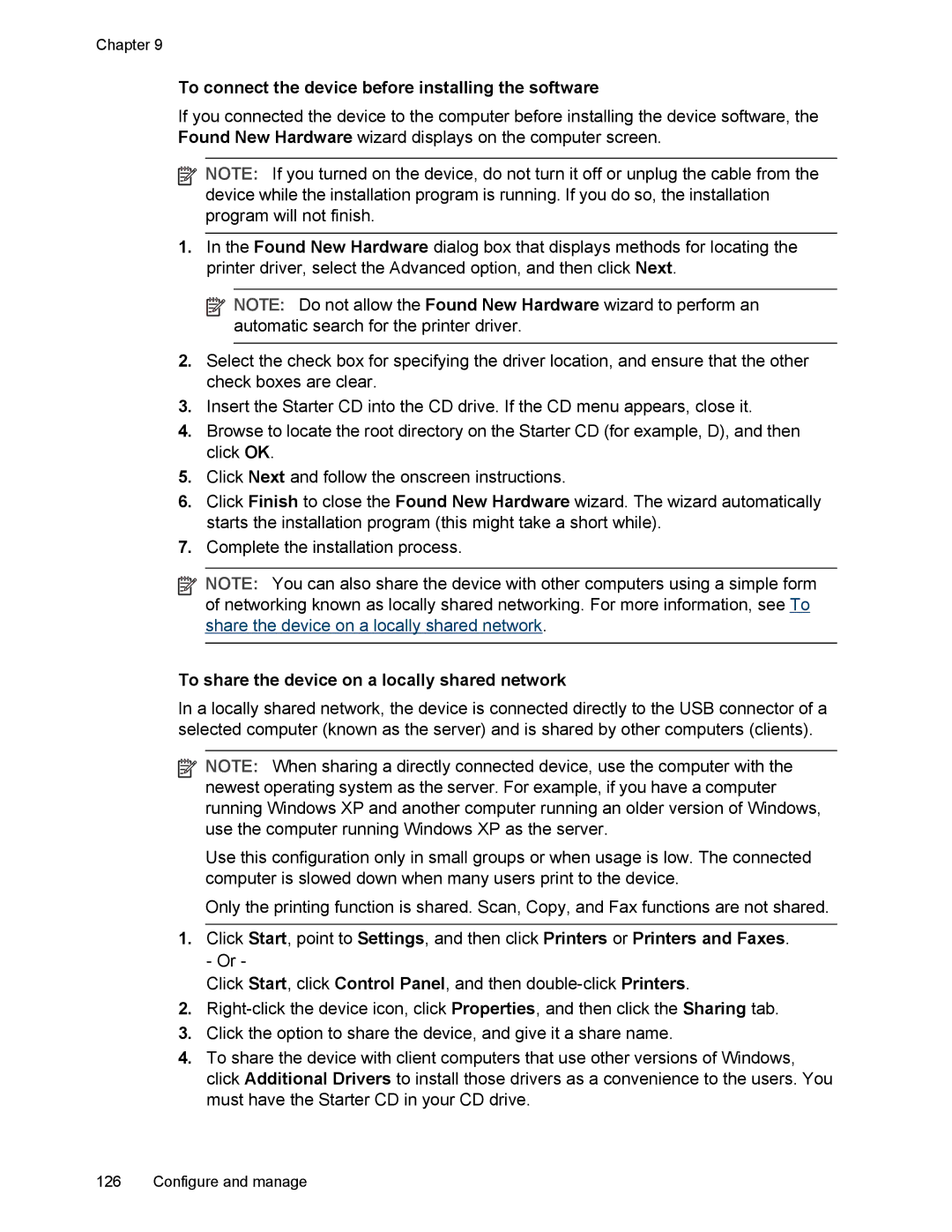 HP L7500 manual To connect the device before installing the software, To share the device on a locally shared network 