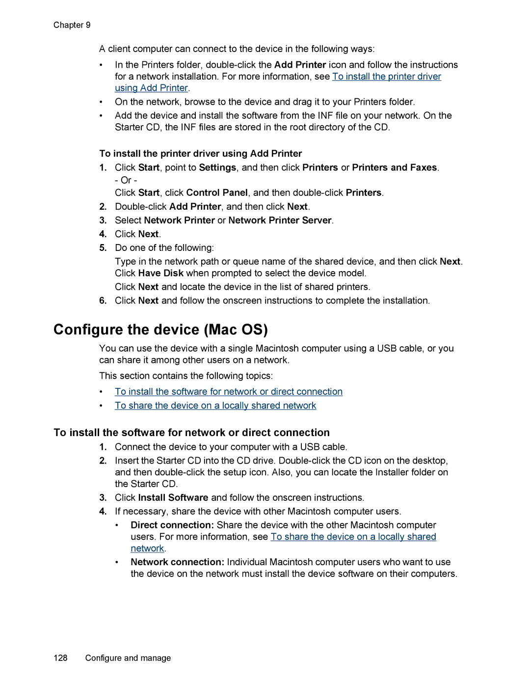 HP L7500 manual Configure the device Mac OS, To install the software for network or direct connection 