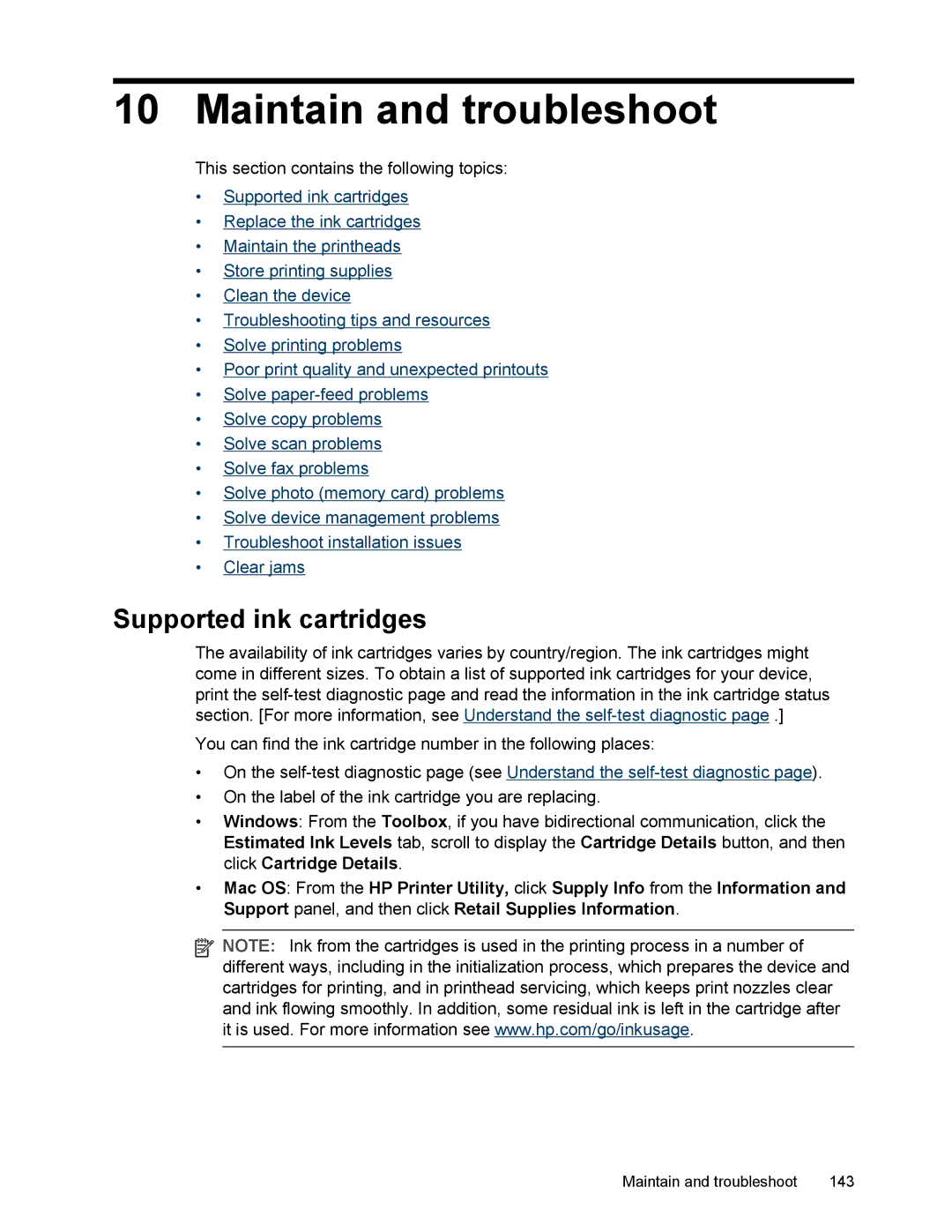 HP L7500 manual Maintain and troubleshoot, Supported ink cartridges 