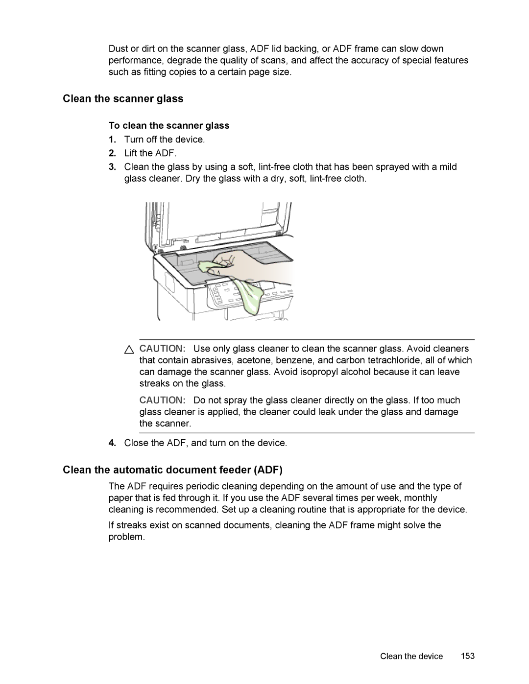 HP L7500 manual Clean the scanner glass, Clean the automatic document feeder ADF, To clean the scanner glass 