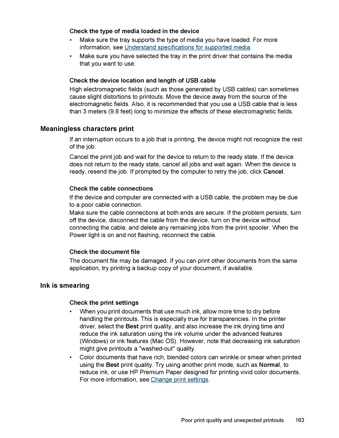 HP L7500 manual Meaningless characters print, Ink is smearing, Check the type of media loaded in the device 