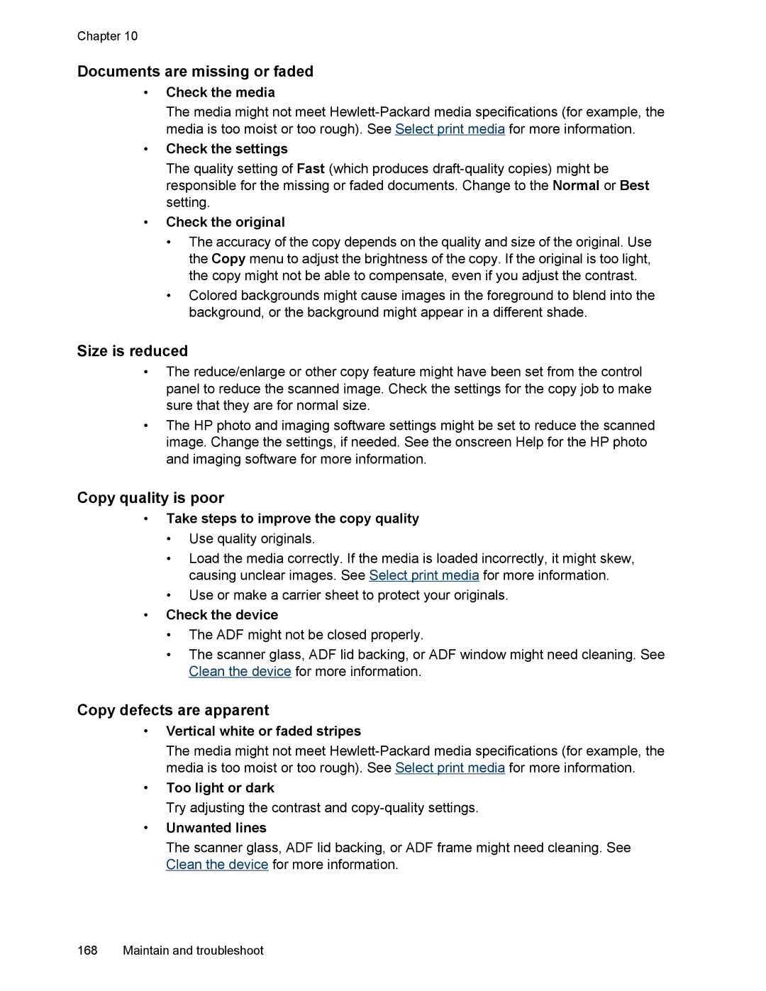 HP L7500 manual Documents are missing or faded, Size is reduced, Copy quality is poor, Copy defects are apparent 