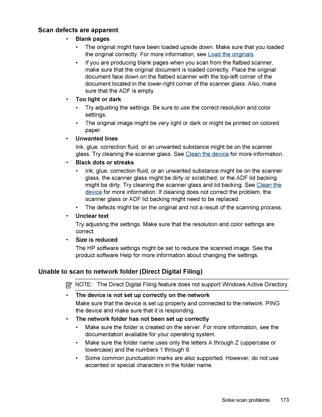 HP L7500 manual Scan defects are apparent, Unable to scan to network folder Direct Digital Filing 