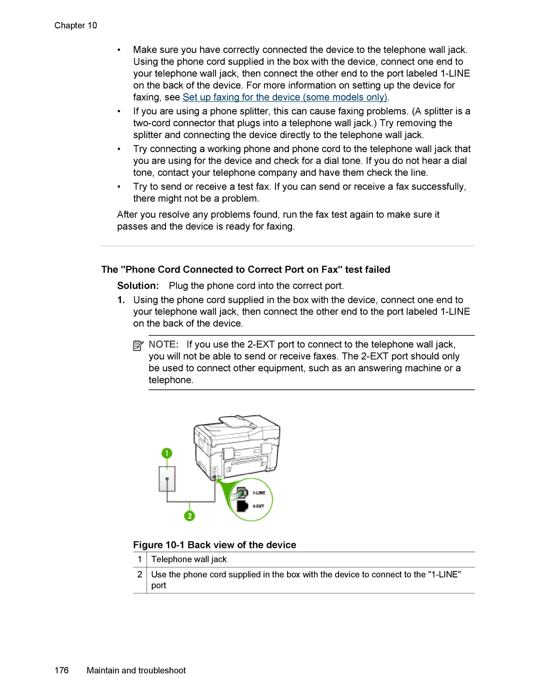 HP L7500 manual Phone Cord Connected to Correct Port on Fax test failed, Back view of the device 