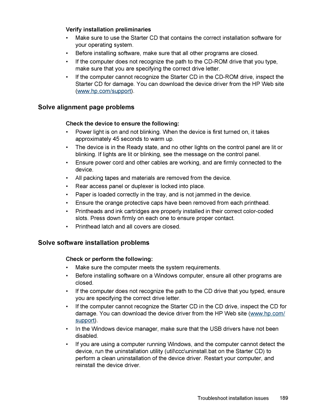 HP L7500 manual Solve alignment page problems, Solve software installation problems, Verify installation preliminaries 