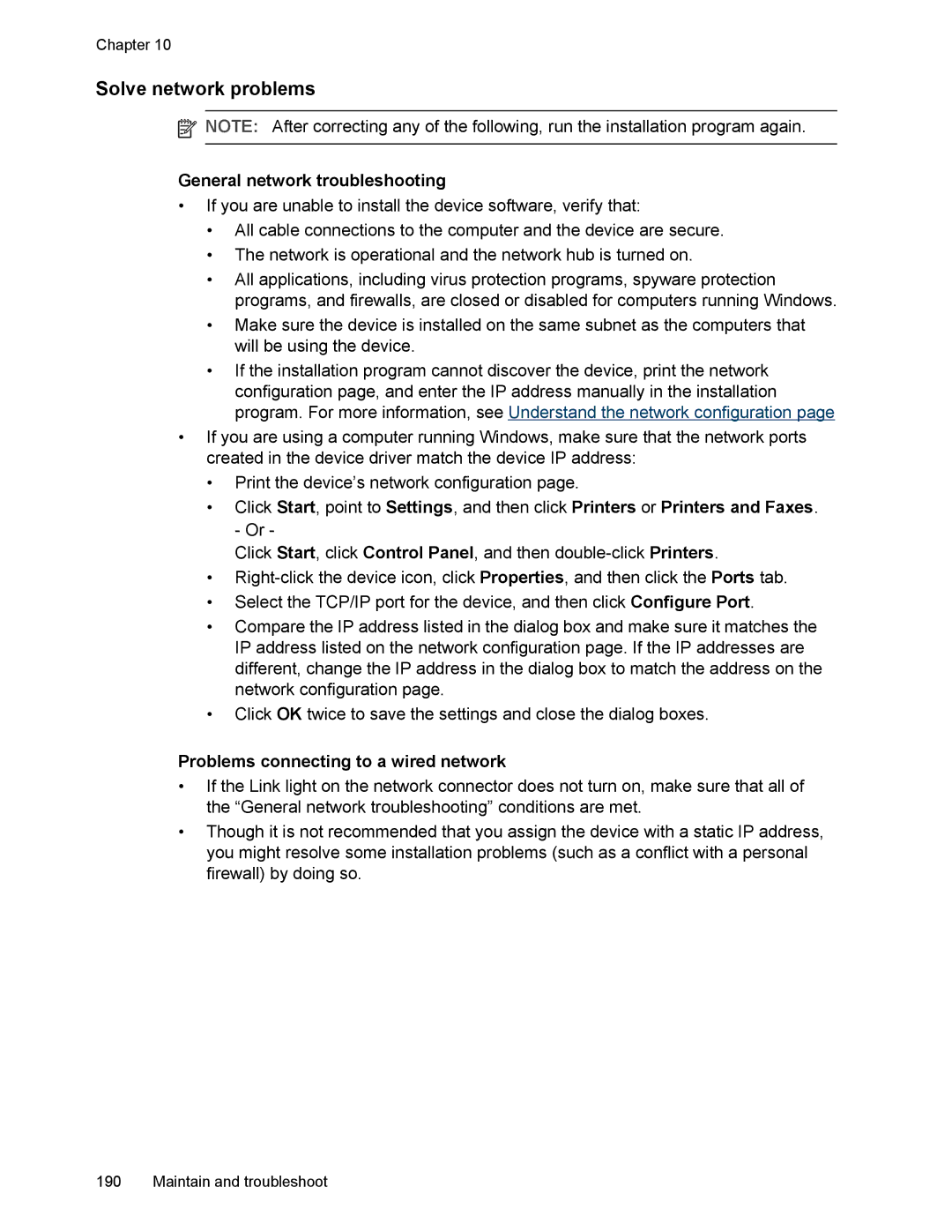 HP L7500 manual Solve network problems, General network troubleshooting, Problems connecting to a wired network 