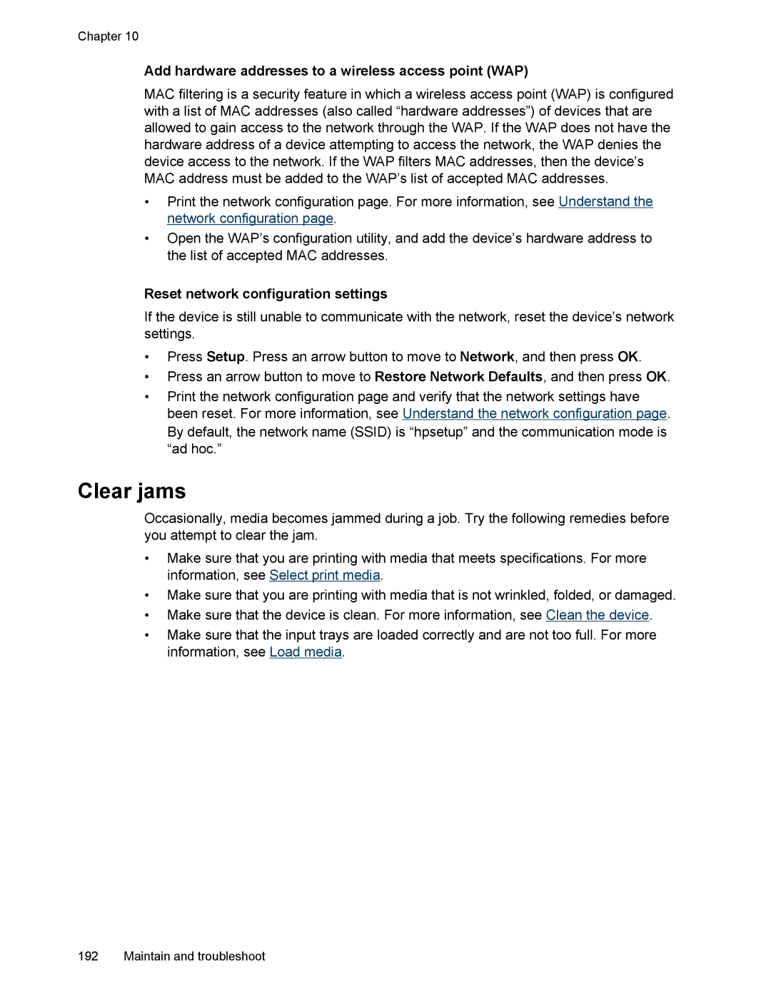 HP L7500 manual Clear jams, Add hardware addresses to a wireless access point WAP, Reset network configuration settings 