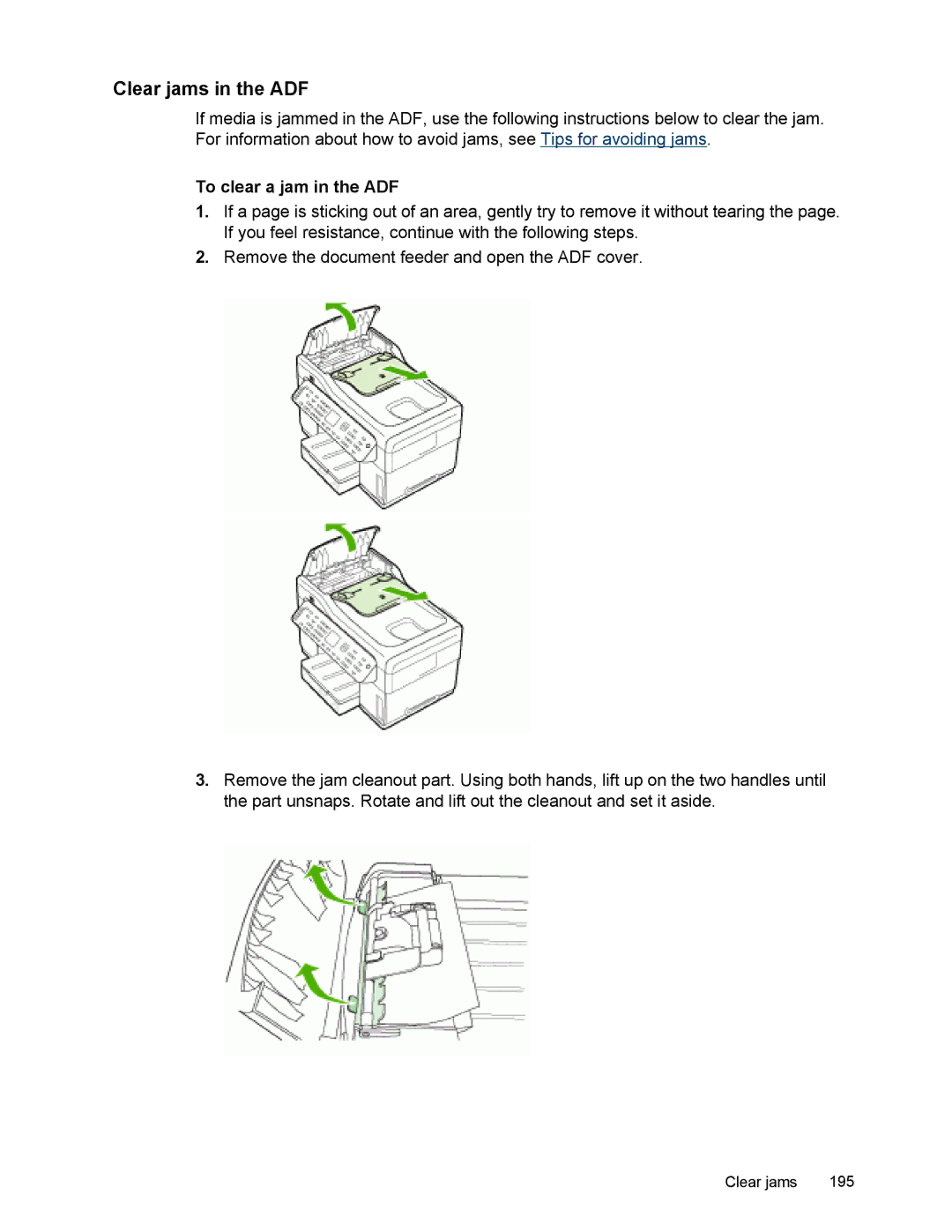 HP L7500 manual Clear jams in the ADF, To clear a jam in the ADF 