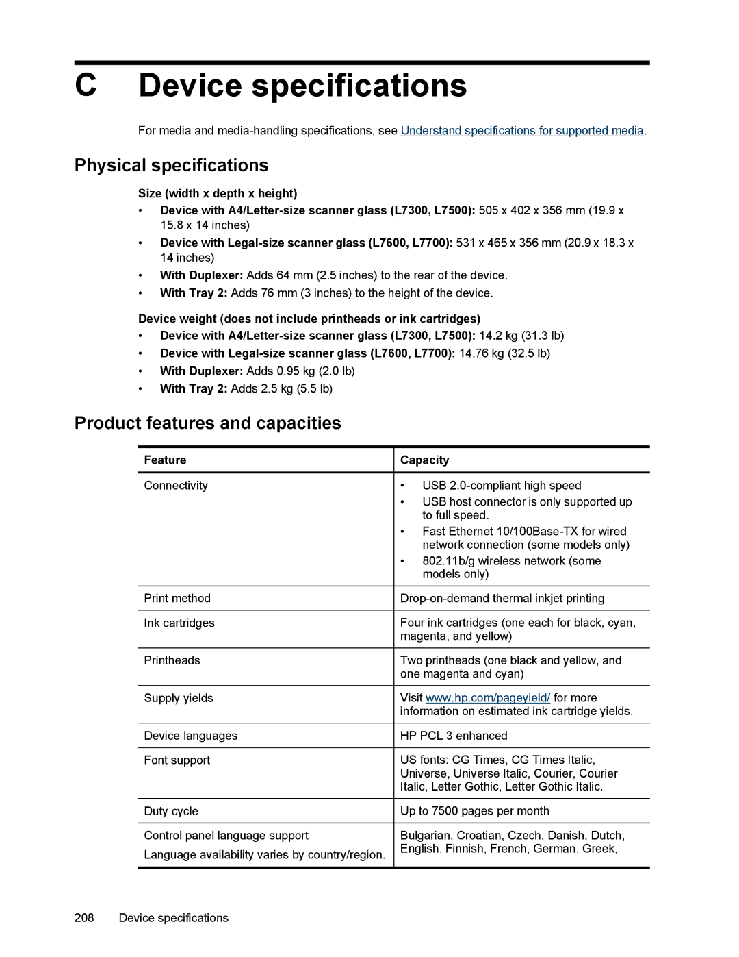 HP L7500 manual Device specifications, Physical specifications, Product features and capacities, Feature Capacity 