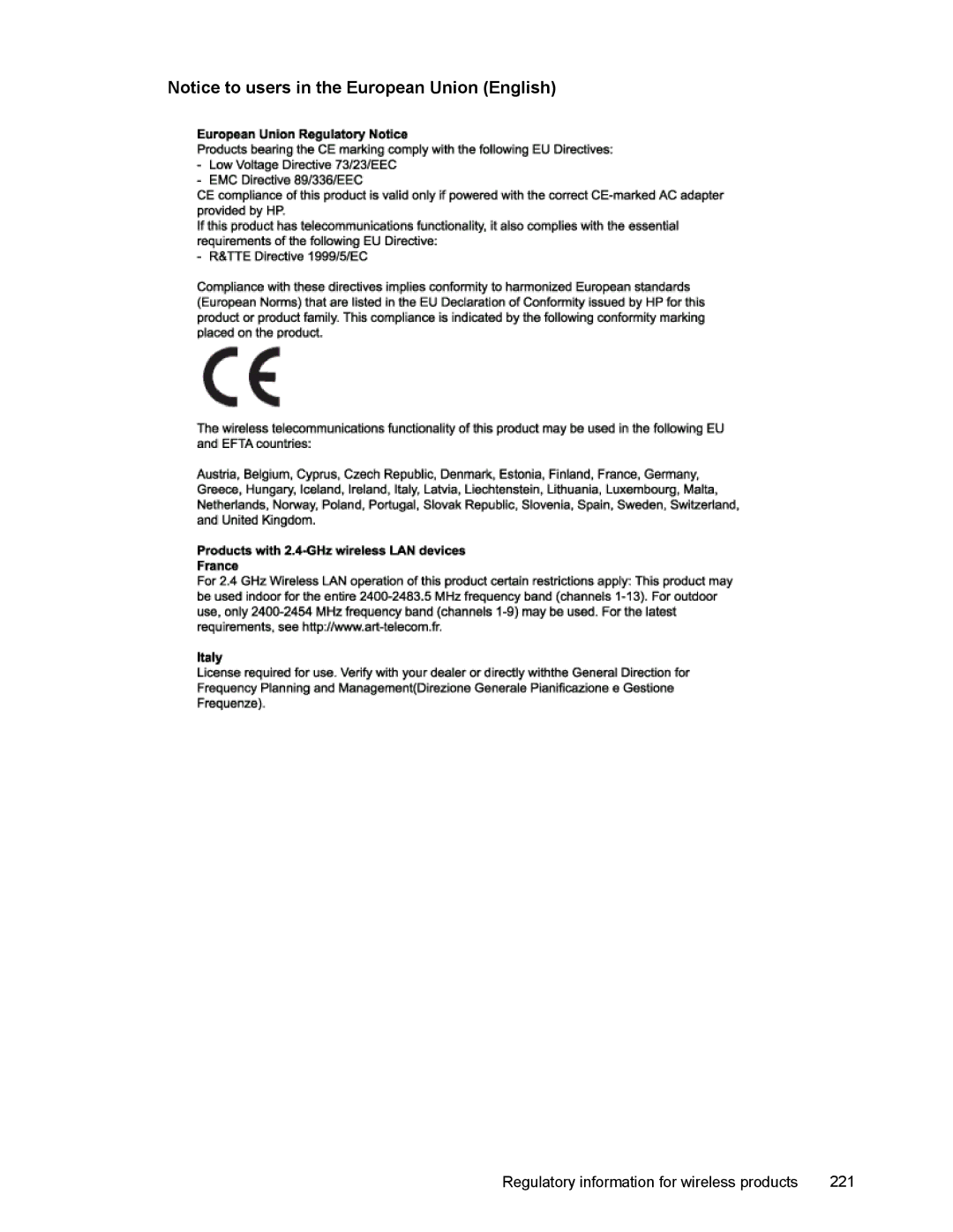 HP L7500 manual Regulatory information for wireless products 221 