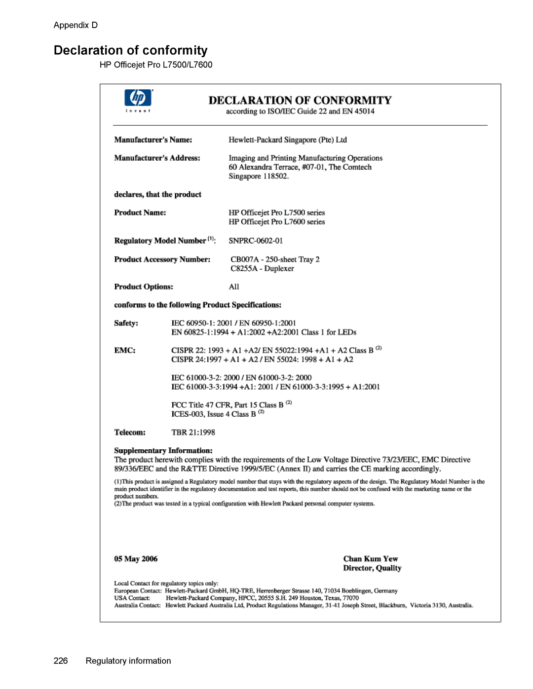 HP L7500 manual Declaration of conformity 