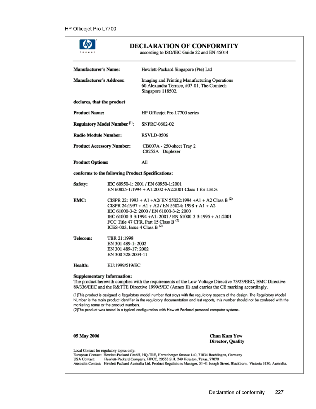 HP L7500 manual HP Officejet Pro L7700 Declaration of conformity 227 