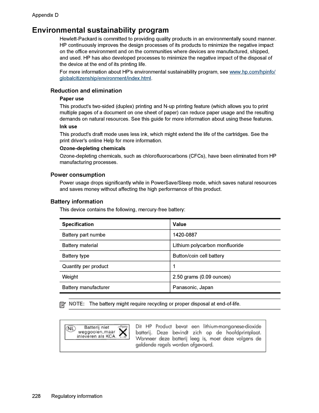 HP L7500 manual Environmental sustainability program, Reduction and elimination, Power consumption, Battery information 