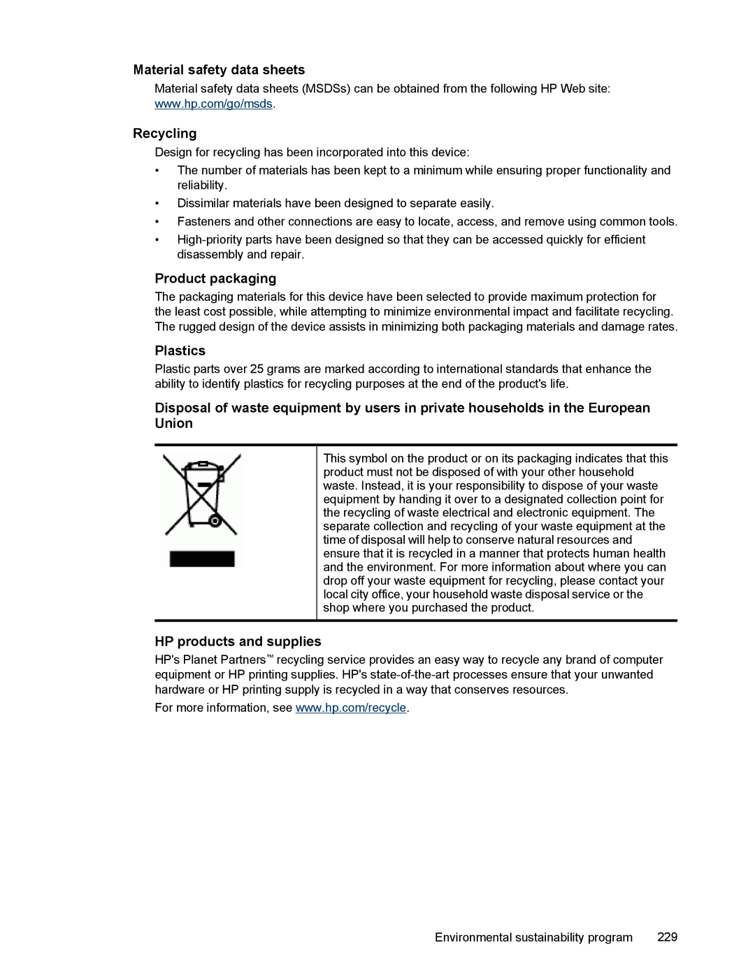 HP L7500 manual Material safety data sheets Recycling, Product packaging, Plastics, HP products and supplies 