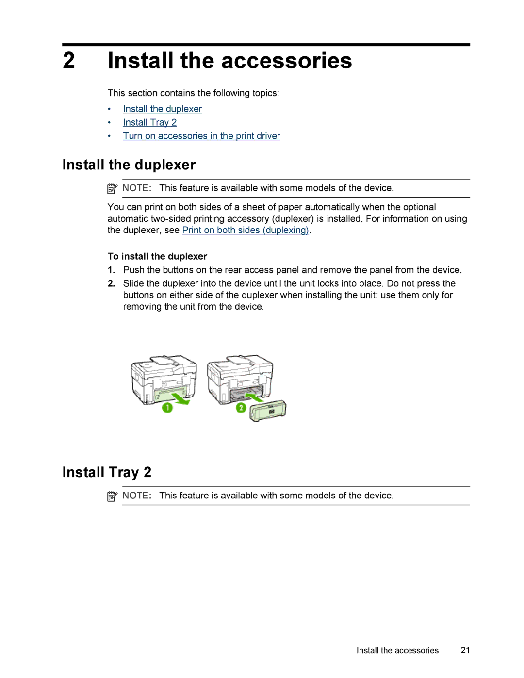 HP L7500 manual Install the accessories, Install the duplexer, Install Tray, To install the duplexer 