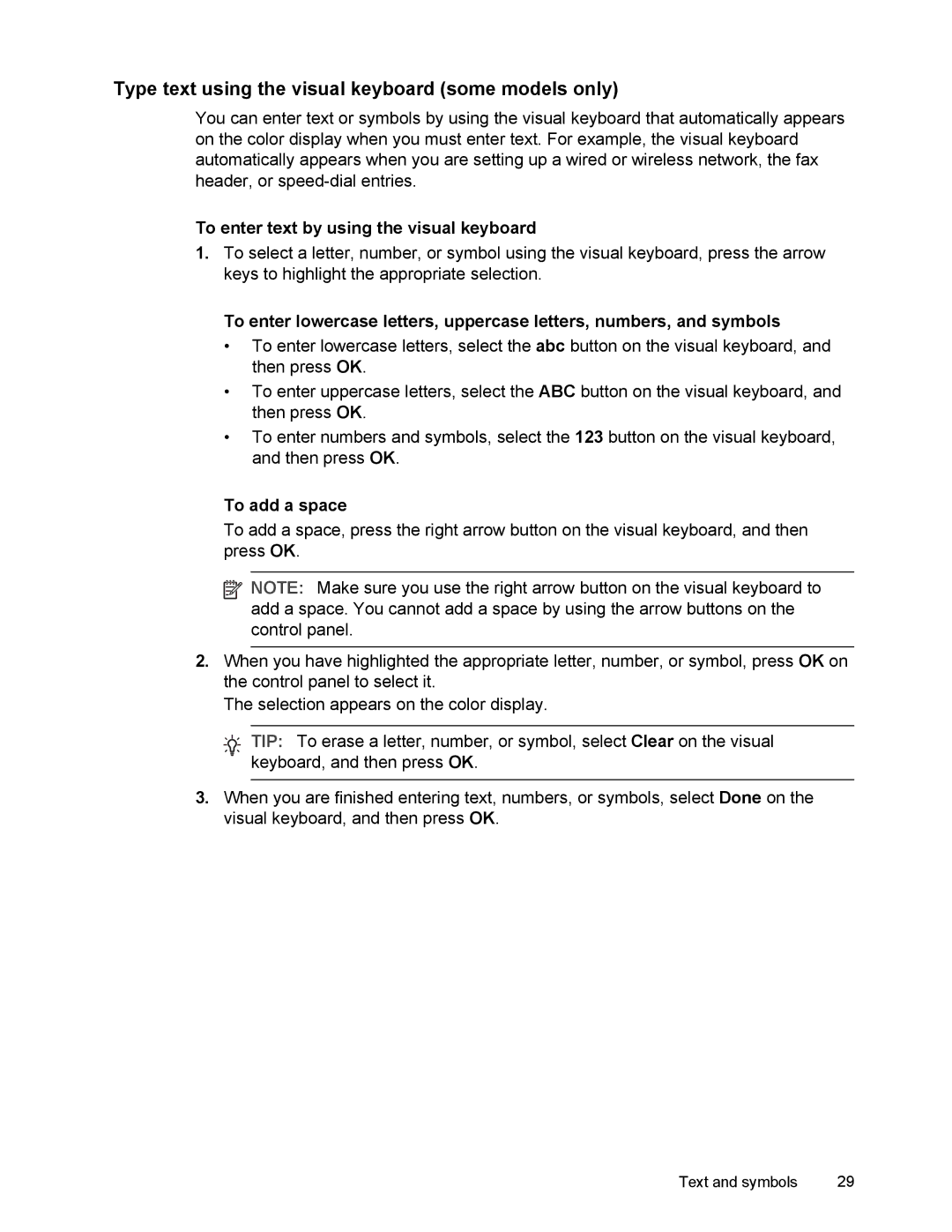 HP L7500 Type text using the visual keyboard some models only, To enter text by using the visual keyboard, To add a space 