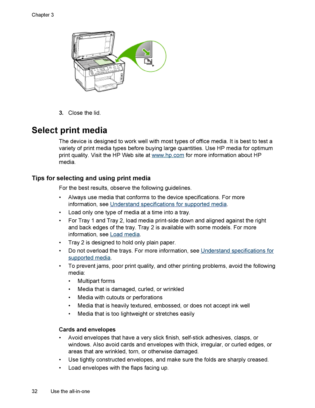 HP L7500 manual Select print media, Tips for selecting and using print media, Cards and envelopes 