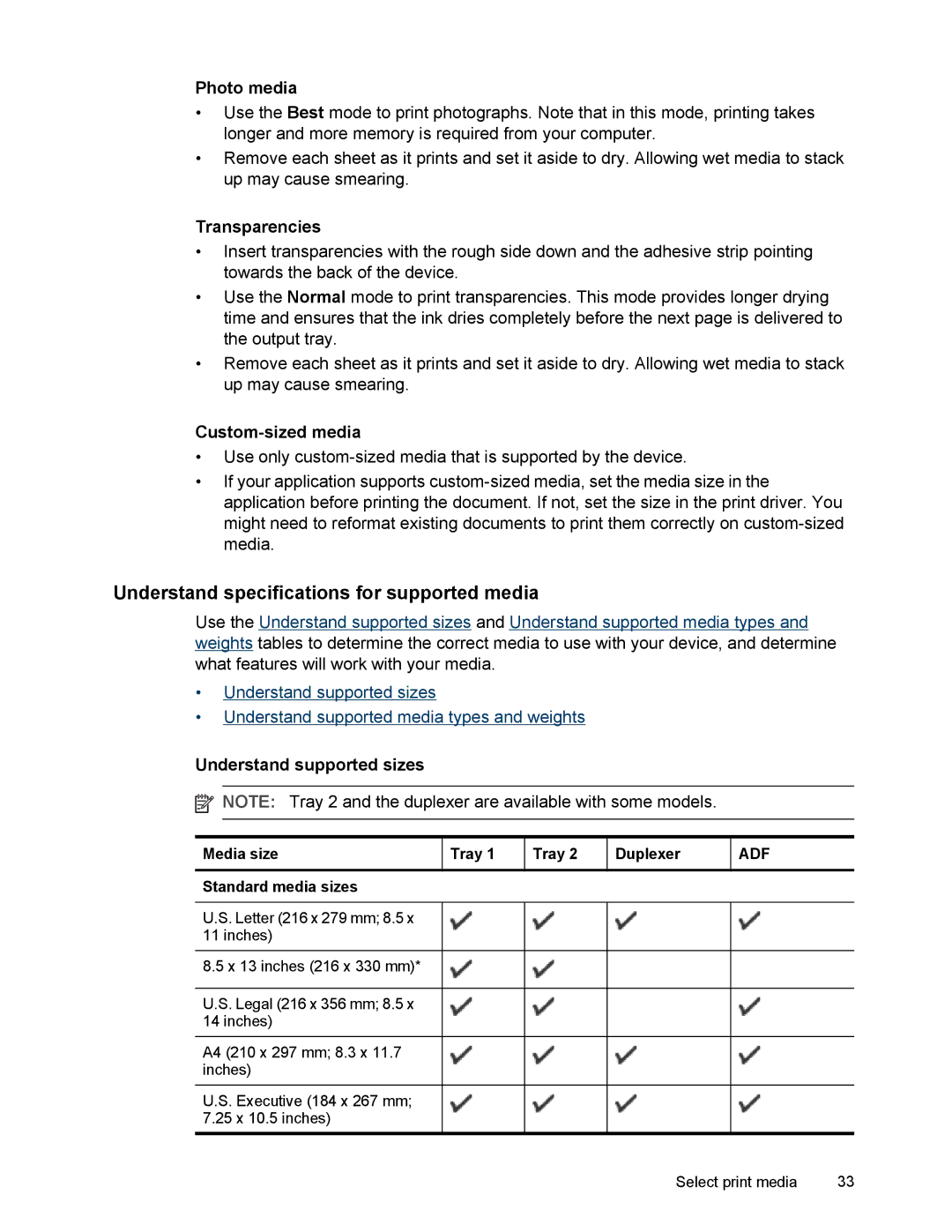 HP L7500 manual Understand specifications for supported media, Photo media, Transparencies, Custom-sized media 