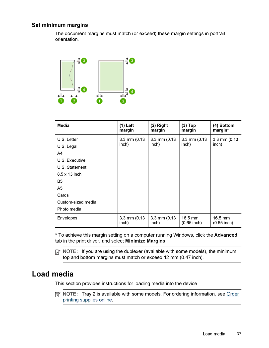 HP L7500 manual Load media, Set minimum margins, Media Left Right Top Bottom Margin 