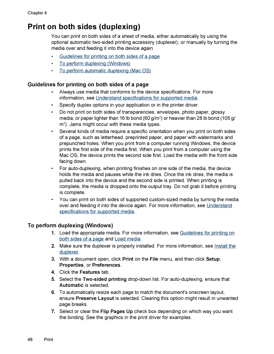 HP L7500 manual Print on both sides duplexing, Guidelines for printing on both sides of a, To perform duplexing Windows 