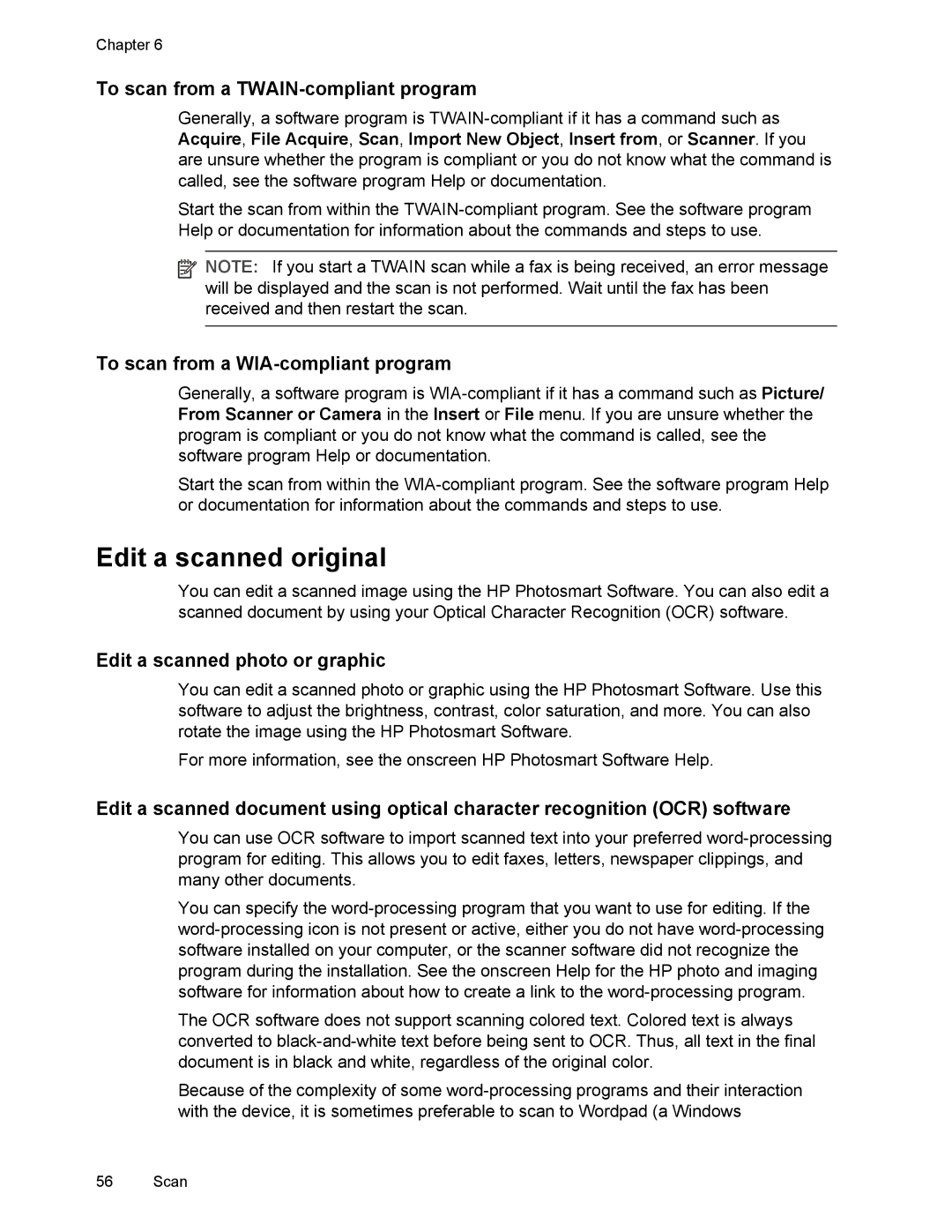 HP L7500 manual Edit a scanned original, To scan from a TWAIN-compliant program, To scan from a WIA-compliant program 