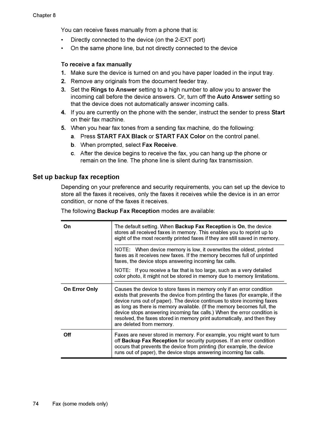 HP L7500 Set up backup fax reception, To receive a fax manually, On Error Only, Off 