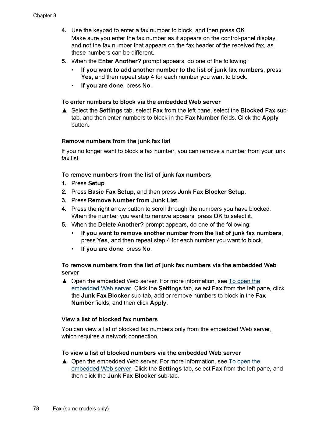 HP L7500 manual Remove numbers from the junk fax list, To remove numbers from the list of junk fax numbers 