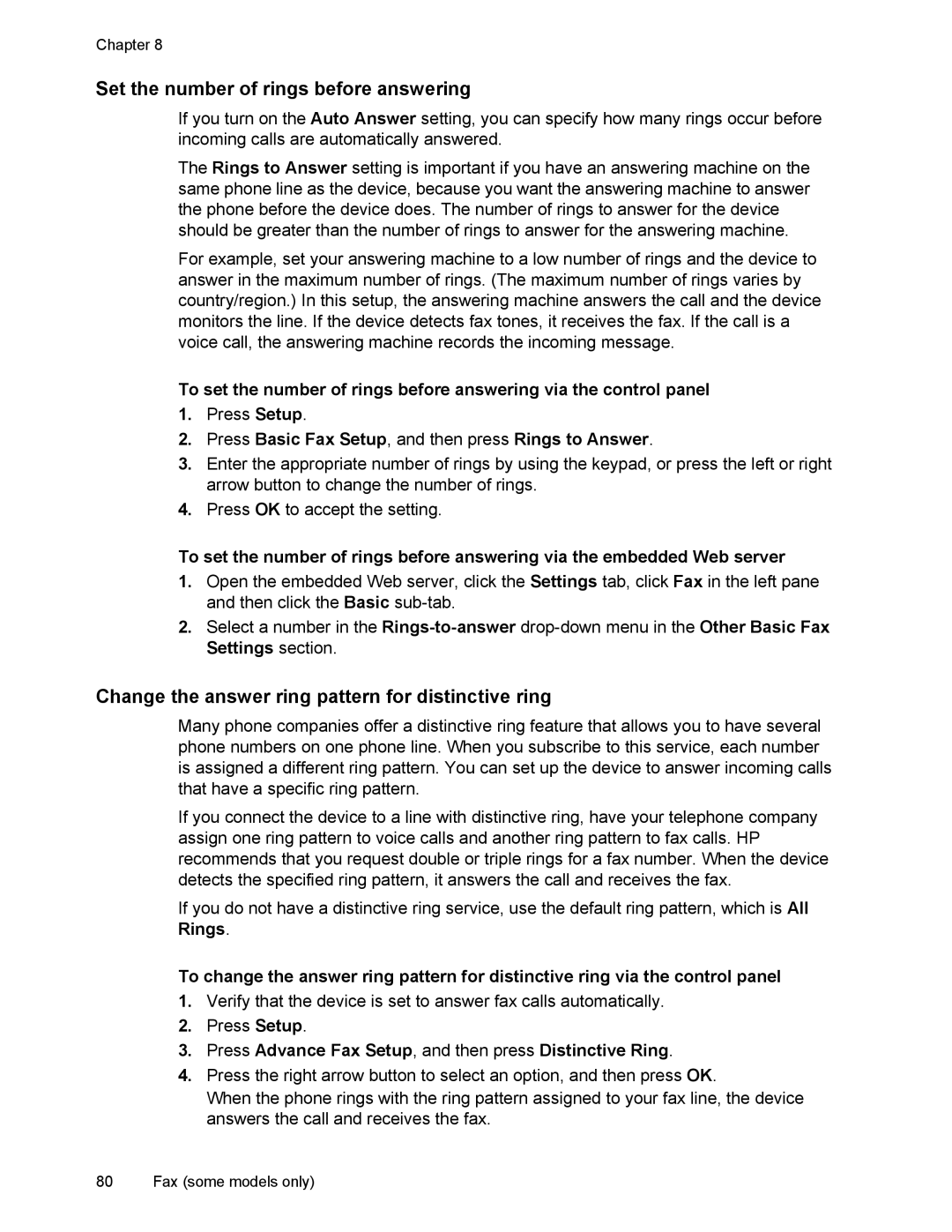 HP L7500 manual Set the number of rings before answering, Change the answer ring pattern for distinctive ring 