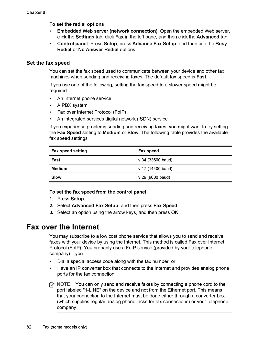 HP L7500 Fax over the Internet, Set the fax speed, To set the redial options, To set the fax speed from the control panel 